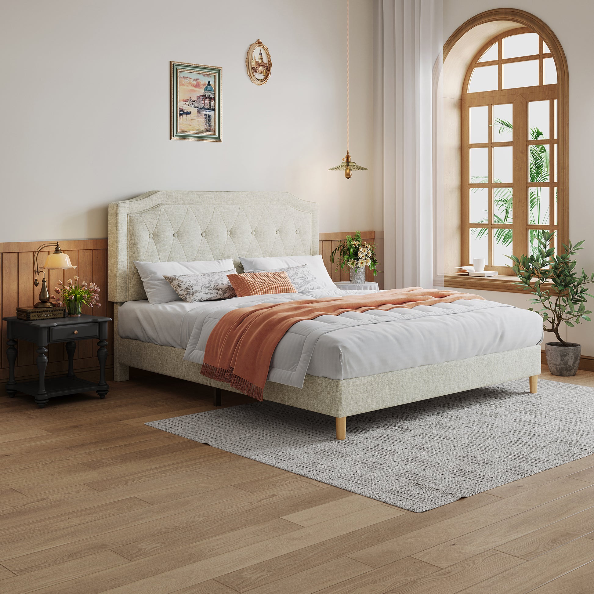 Queen Size, Cotton Linen Fabric, Mesh Mounted Bed, Stable, Easy To Assemble, Light Grey Queen Light Gray Mdf Acacia