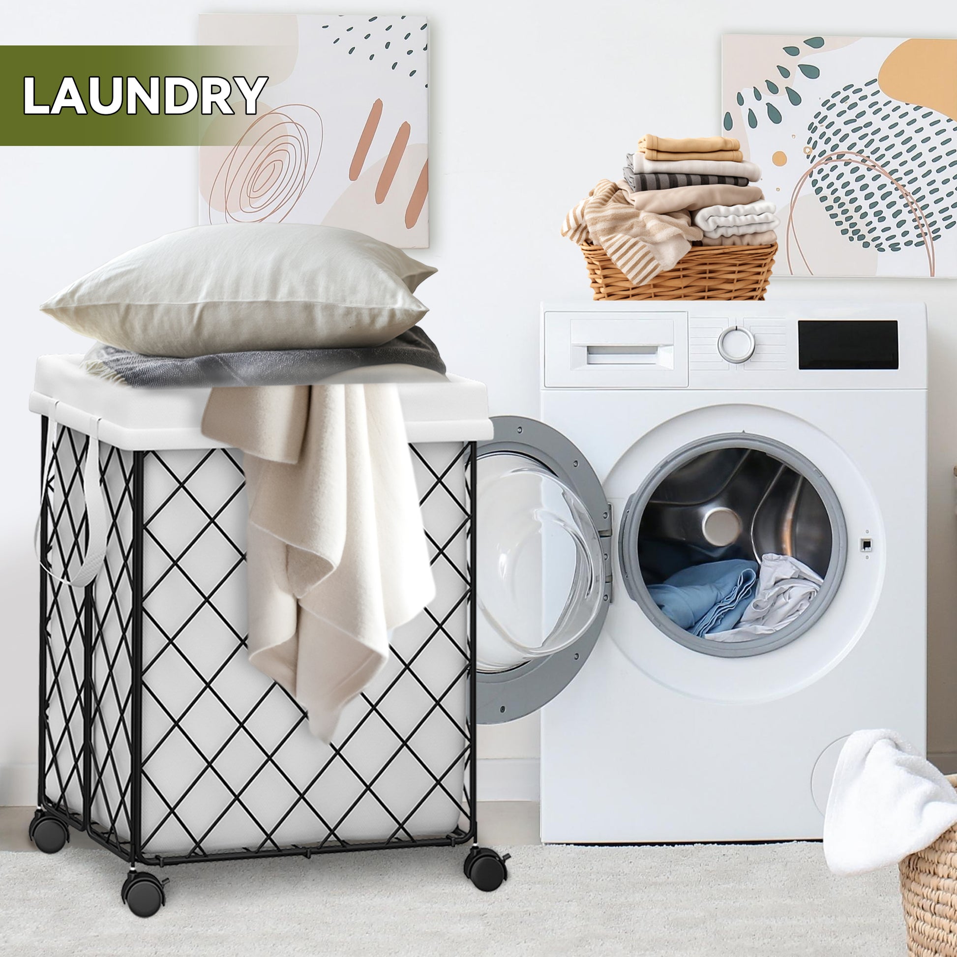 Laundry Basket With Wheels, Rolling Laundry Hamper, Detachable And Washable Lining, Metal Frame, Suitable For Bedrooms, Bathrooms, Laundry Rooms, White White Black 1 Foldable Freestanding Boho