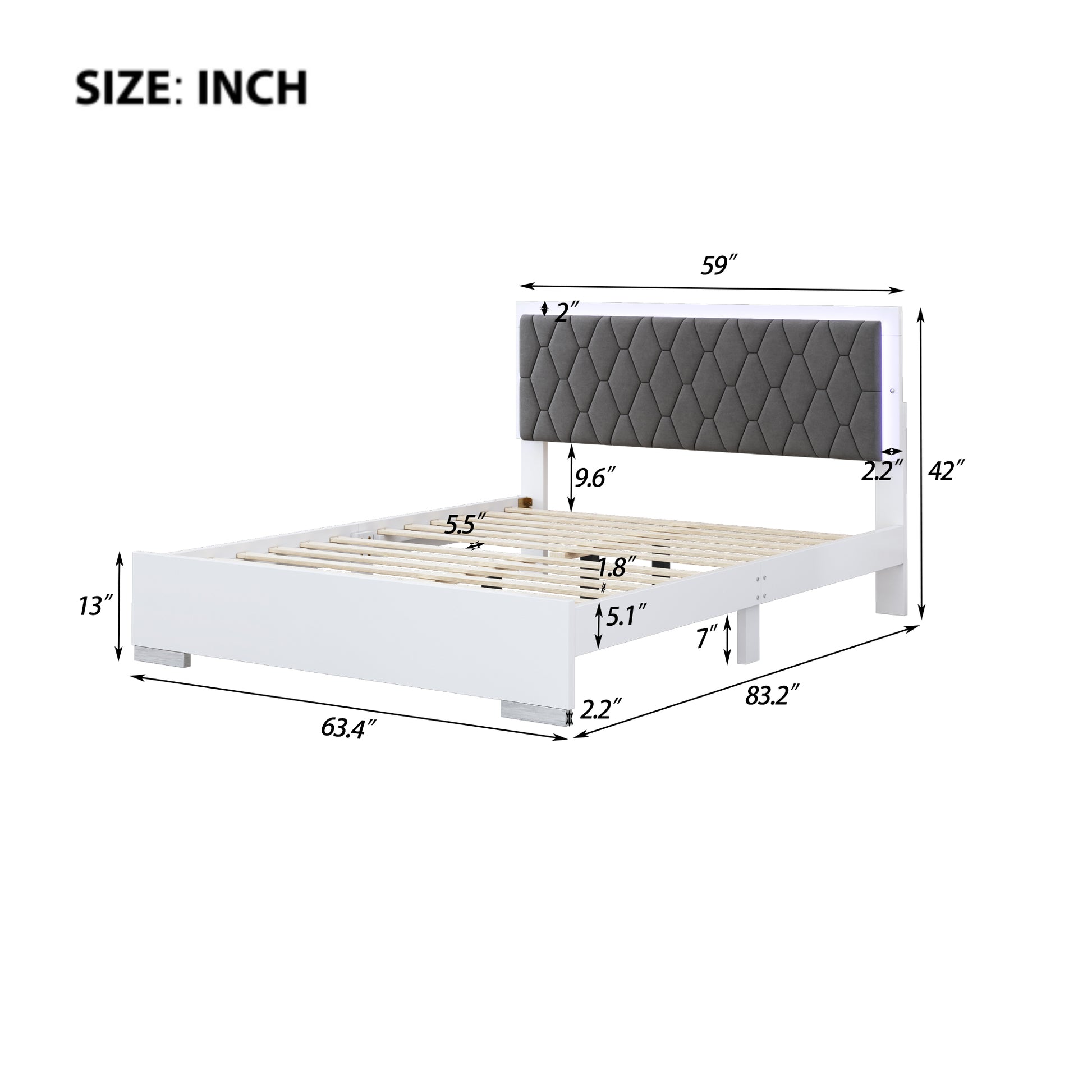 Queen Size Upholstered Bed With Led Light,Modern Platform Bed With With Velvet Headboard,White Queen White Mdf