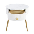 19.6'' Easy Assembly End Tables With High Gloss Faux Marble Tabletops, Set Of 2, Modern Fluted 2 Side Tables With Drawers, Round Coffee Tables With Golden Legs For Living Room, White White Gold Primary Living Space Drawers Round Mdf Iron