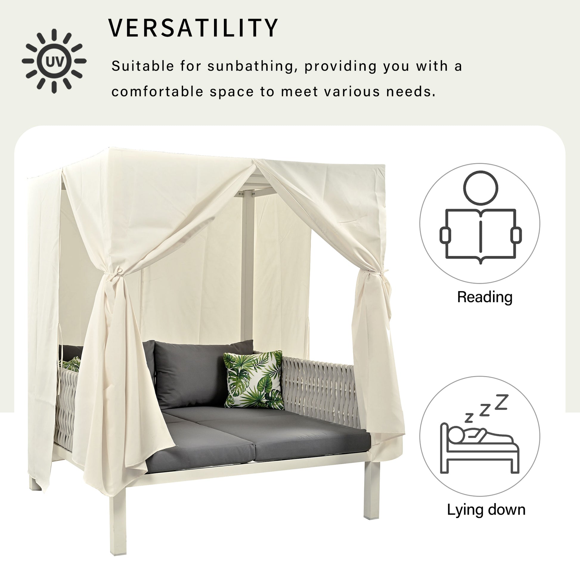 Outdoor Patio Sunbed With Curtains, High Comfort, Suitable For Multiple Scenarios Gray Beige Woven Rope