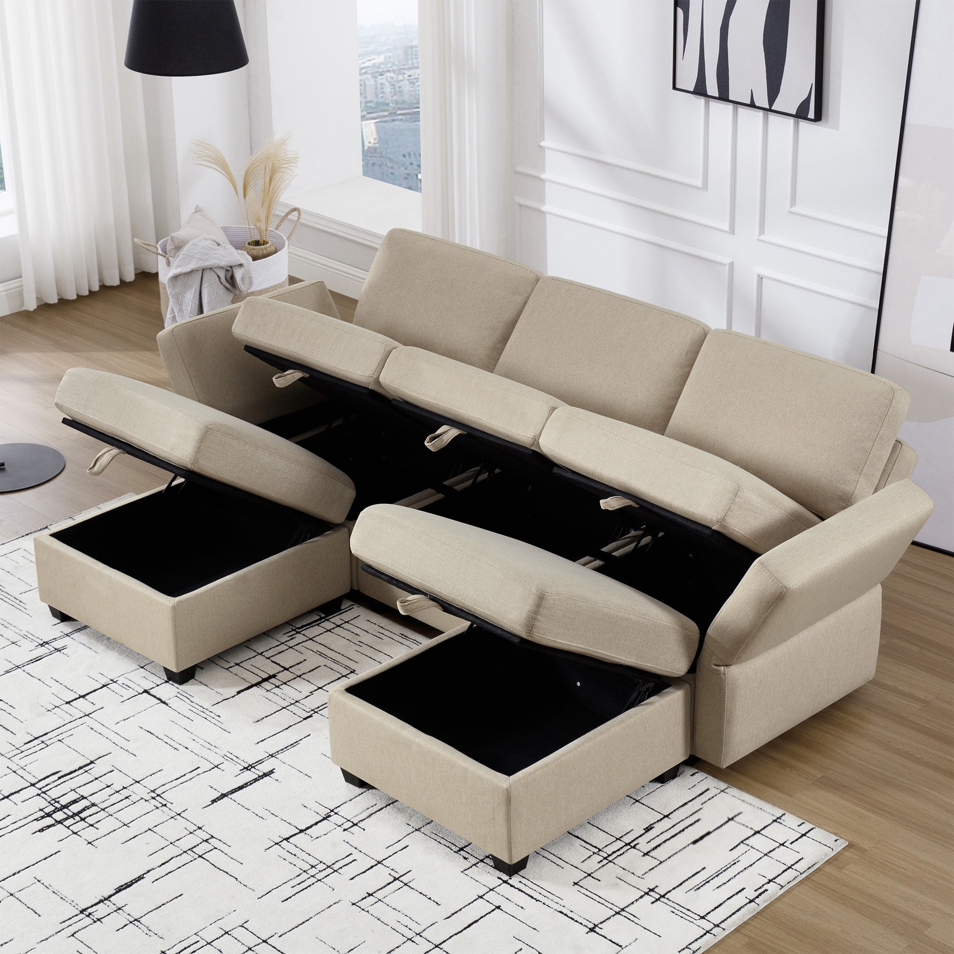 Reversible Sectional Sofa Modern Modular Sectional Couch With Chaise U Shaped Corner Sectional 5 Seater Modular Sofa With Storage Seats, Adjustable Arms And Backs Beige Beige Polyester 3 Seat