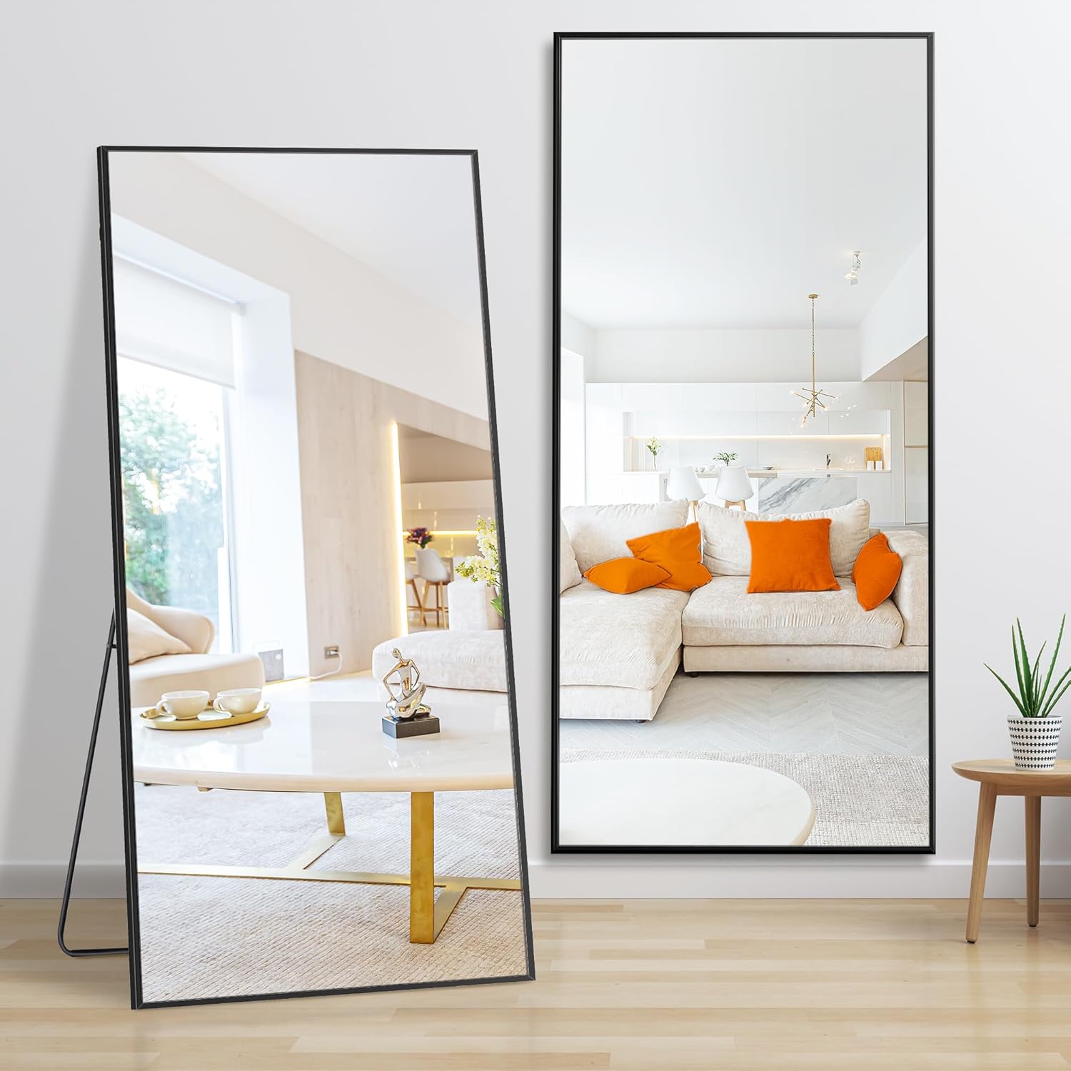 Dolonm 71X32 Inch Full Length Mirror, Modern Design Standing Floor Mirror, Full Body Mirror For Living Room, Bedroom, Bathroom, Cloakroom, Hallway, Black Aluminum Alloy Frame Black Mirror