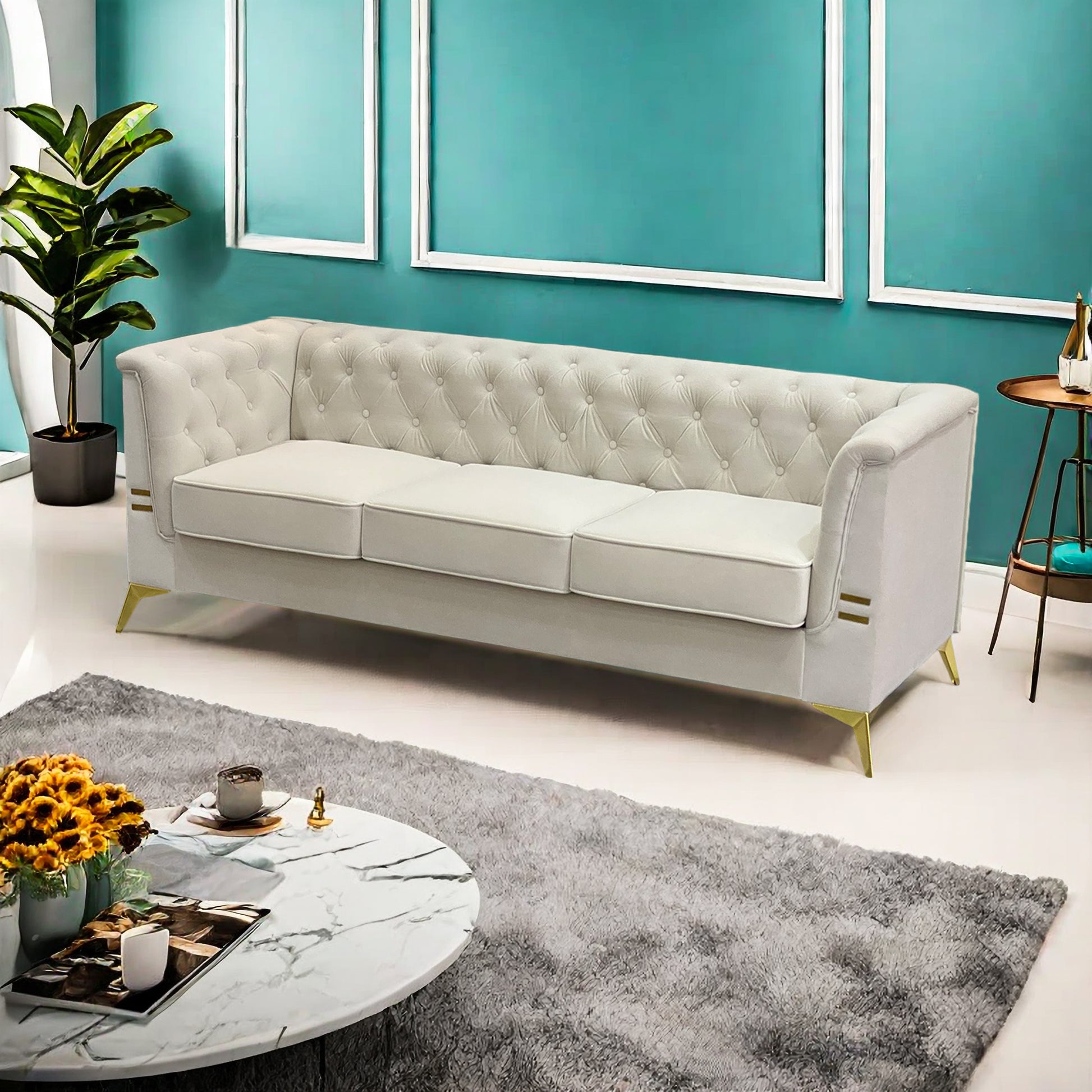Fx P83 Cw Sofa Modern Velvet Living Room Chesterfield Design 82.7Inch Wide Sofa Cream White Color Beige Velvet 3 Seat