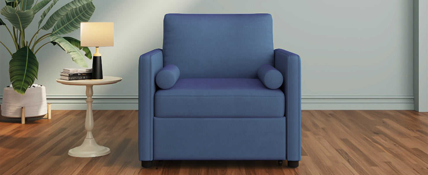 3 In 1 Convertible Sleeper Chair With Adjustable Backrest, Lounger Chair Turns Into Bed, Single Bed For Living Room, Velvet, Ink Blue Blue Velvet