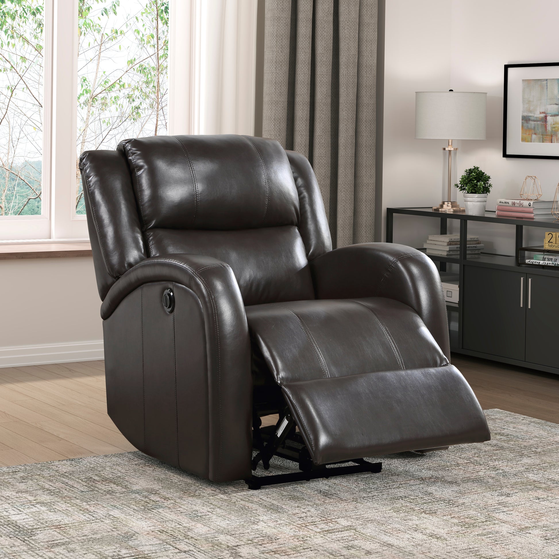 Modern Living Room Furniture 1Pc Power Reclining Chair Brown Faux Leather Upholstery Plush Seating Solid Wood Frame Brown Faux Leather Wood Primary Living Space Modern Plywood,Solid Wood