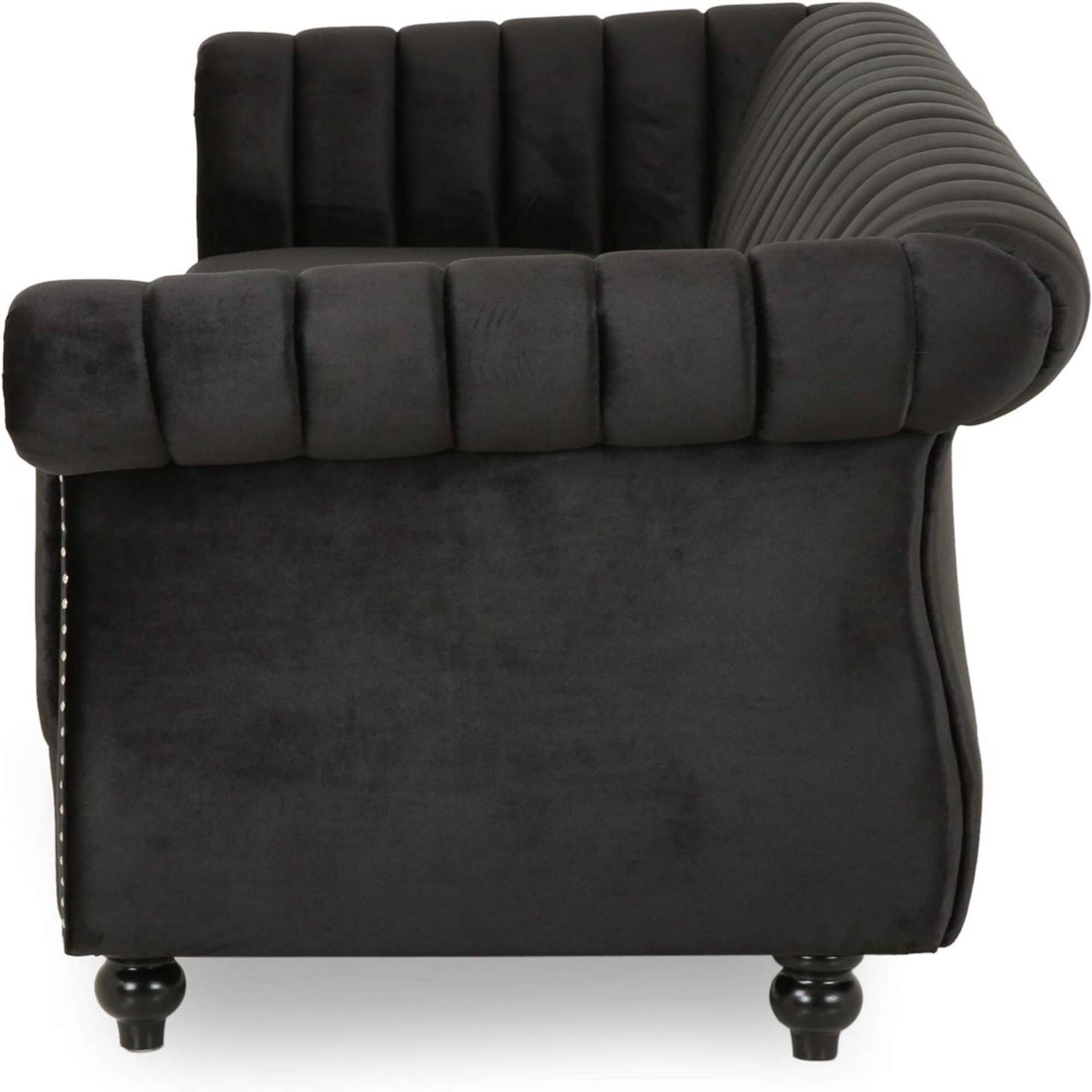 84 Inch Black 3 Seater Velvet Sofa Button Tufted With Trim, Curved Backrest, And Rolled Arms, Stylish And Elegant Couch For Modern Living Rooms, Durable Upholstery, Luxury Design Black Velvet Wood Primary Living Space Medium Firm Loose Back Medium Duty