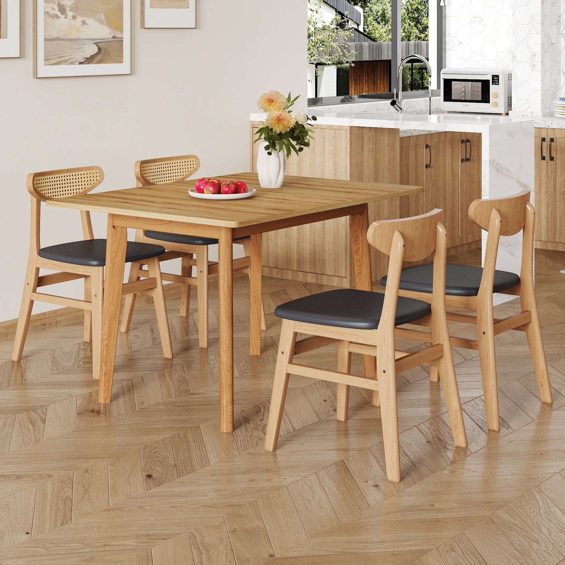 Wood Colored Mdf Desktop With Rubber Wooden Legs, Foldable Computer Desk, Foldable Office Desk, Solid Wood Dining Chair With Small Curved Back And Pu Cushion, Zd 1545 Dx 2361 Wood Seats 4 Wood