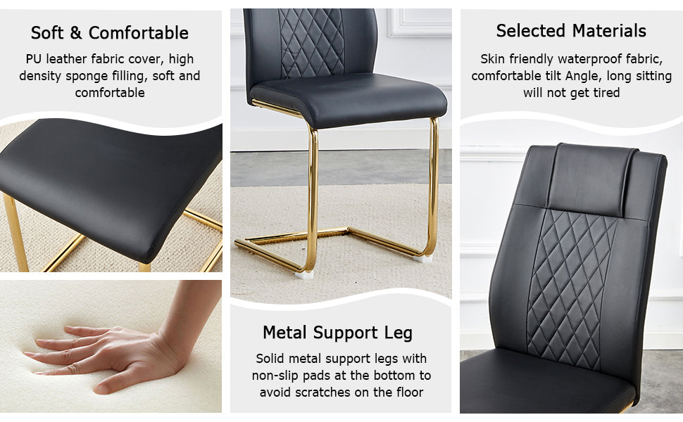 Table And Chair Set.Modern Rectangular Dining Table With Transparent Tempered Glass Tabletop And Gold Plated Metal Legs.Paried With 8 Comfortable Chairs With Pu Seats And Golden Metal Legs. Black Gold,Transparent Seats 8 Glass Metal