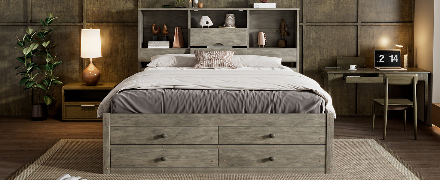 Queen Size Platform Bed With Storage Headboard And 8 Drawers, Gray Box Spring Not Required Queen Gray Wood Bedroom Bed Frame Solid Wood Mdf