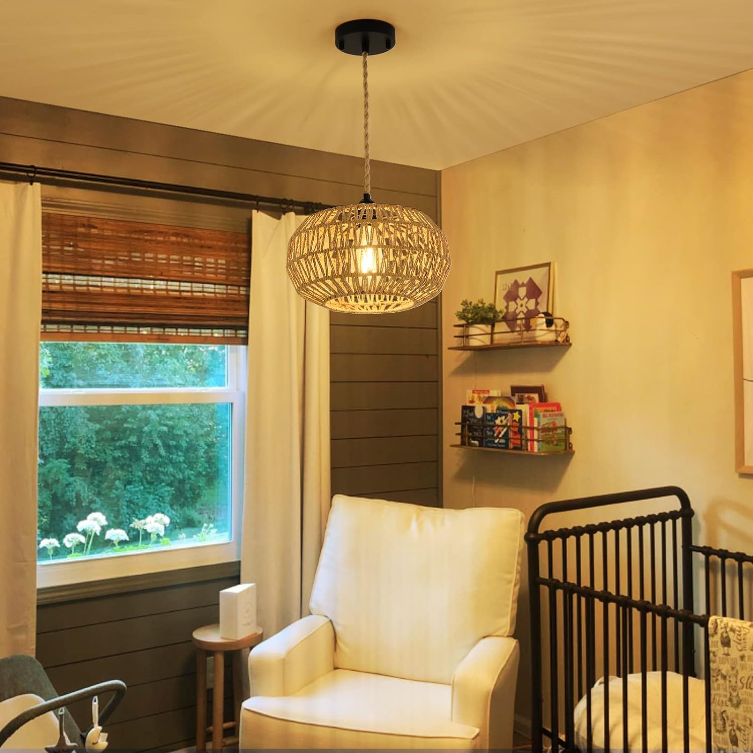 Farmhouse Led Rattan Pendant Lights, Boho Chandelier Light Fixture, Rustic Wicker Hand Woven Rope Cage Basket Pendant Hanging For Dining Room Living Room Kitchen Bedroom Nursery Foyer Hallway Entryway Brown Rattan Metal