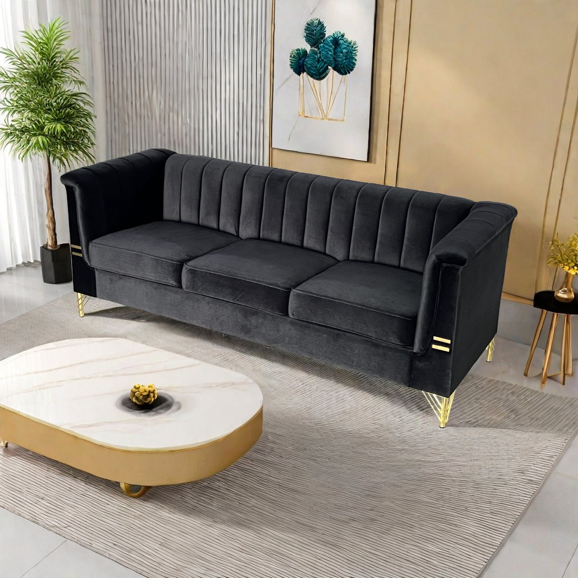 Fx P82 Bk Sofa Modern Sofa Couches For Living Room, 82.67Inches Velvet Velvet Tight Back Chesterfield Design Couch Upholstered Sofa With Metal Legs Decor Furniture For Bedroom Black Velvet 3 Seat