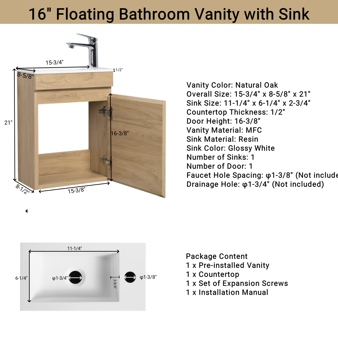 16" Floating Bathroom Vanity With Sink, Wall Mounted Small Bathroom Storage Vanity Cabinet With Resin Top Basin And Soft Close Doors, Natural Oak 24V11 16No Oak Plywood
