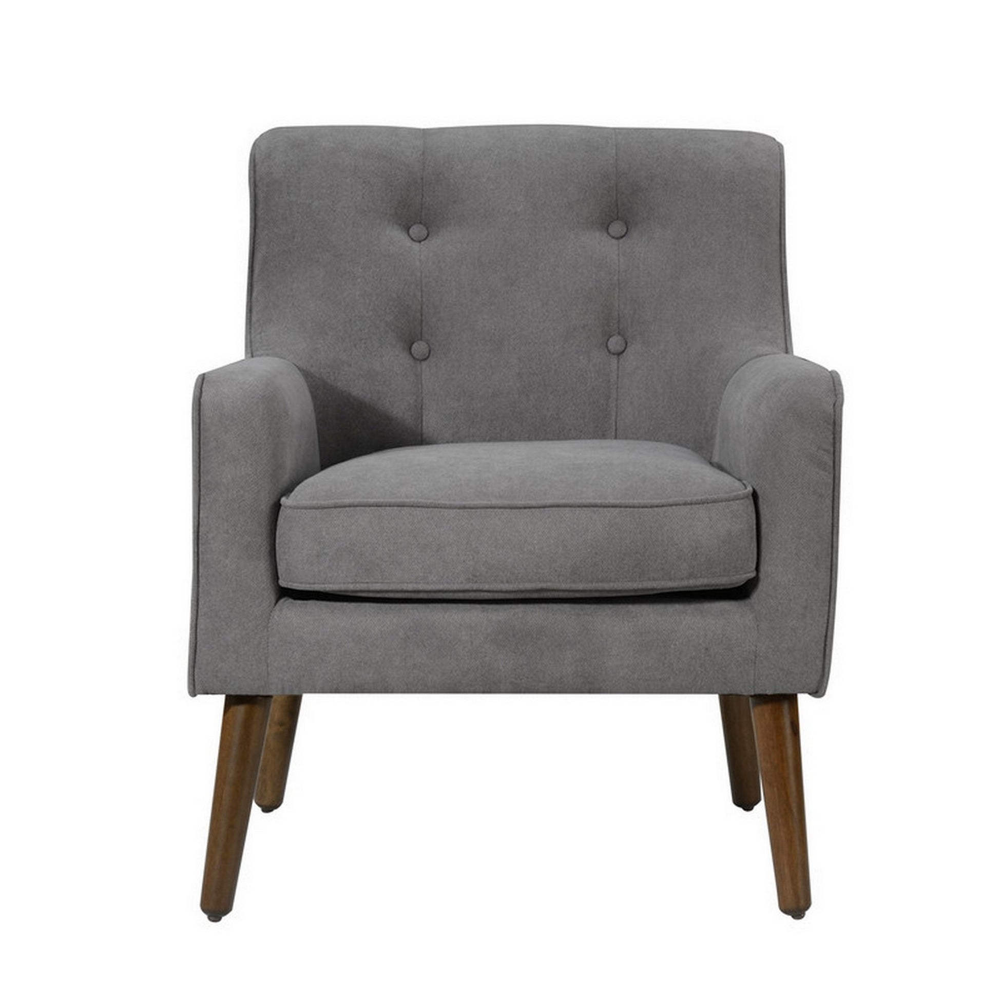Kina 28 Inch Accent Chair, Gray Fabric, Button Tufted, Angled Wood Legs Gray Wood
