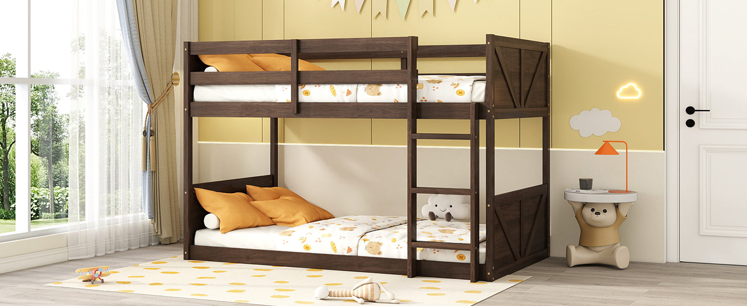 Twin Over Twin Floor Bunk Bed With Panelled Headboard And Footboard, Solid Rubber Wood Foundation With Safety Guardrails, Built In Ladder,Antique Oak Twin Antique Dark Oak Rubber Wood