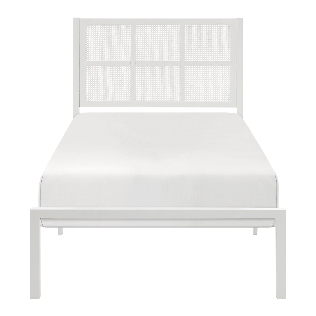 1Pc Twin Platform Bed, Metal Frame White Finish Faux Cane Panel Headboard Casual Coastal Bedroom Furniture, Bed In A Box Box Spring Not Required Twin White Metal Bedroom Casual,Coastal Metal