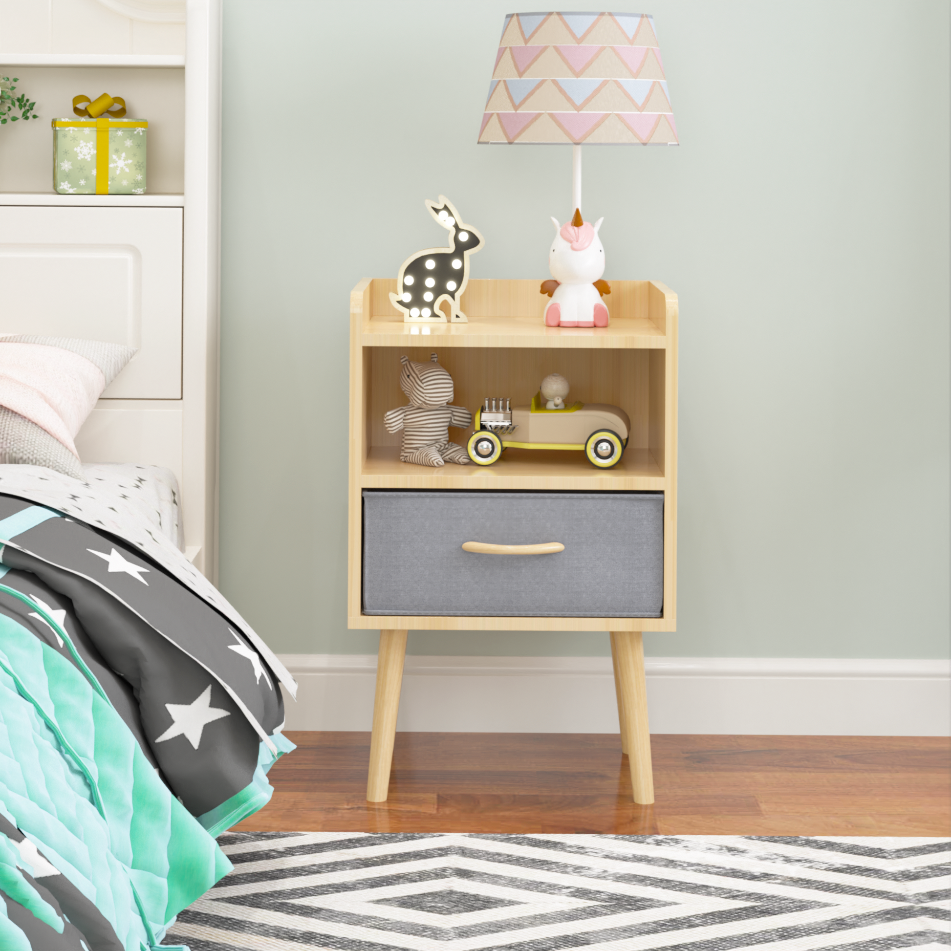2Pc Nightstand With Collapsible Fabric Drawer, 2 Tier Storage End Table, Wood Side Table With Storage Cabinet For Bedroom, Living Room Oak Oak Engineered Wood