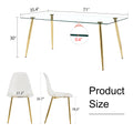 Table And Chair Set.Modern Rectangular Glass Dining Table With Tempered Glass Countertop And Golden Metal Legs, Paired With Multiple Transparent High Quality Pet Dining Chairs With Golden Legs. Gold Seats 6 Tempered Glass