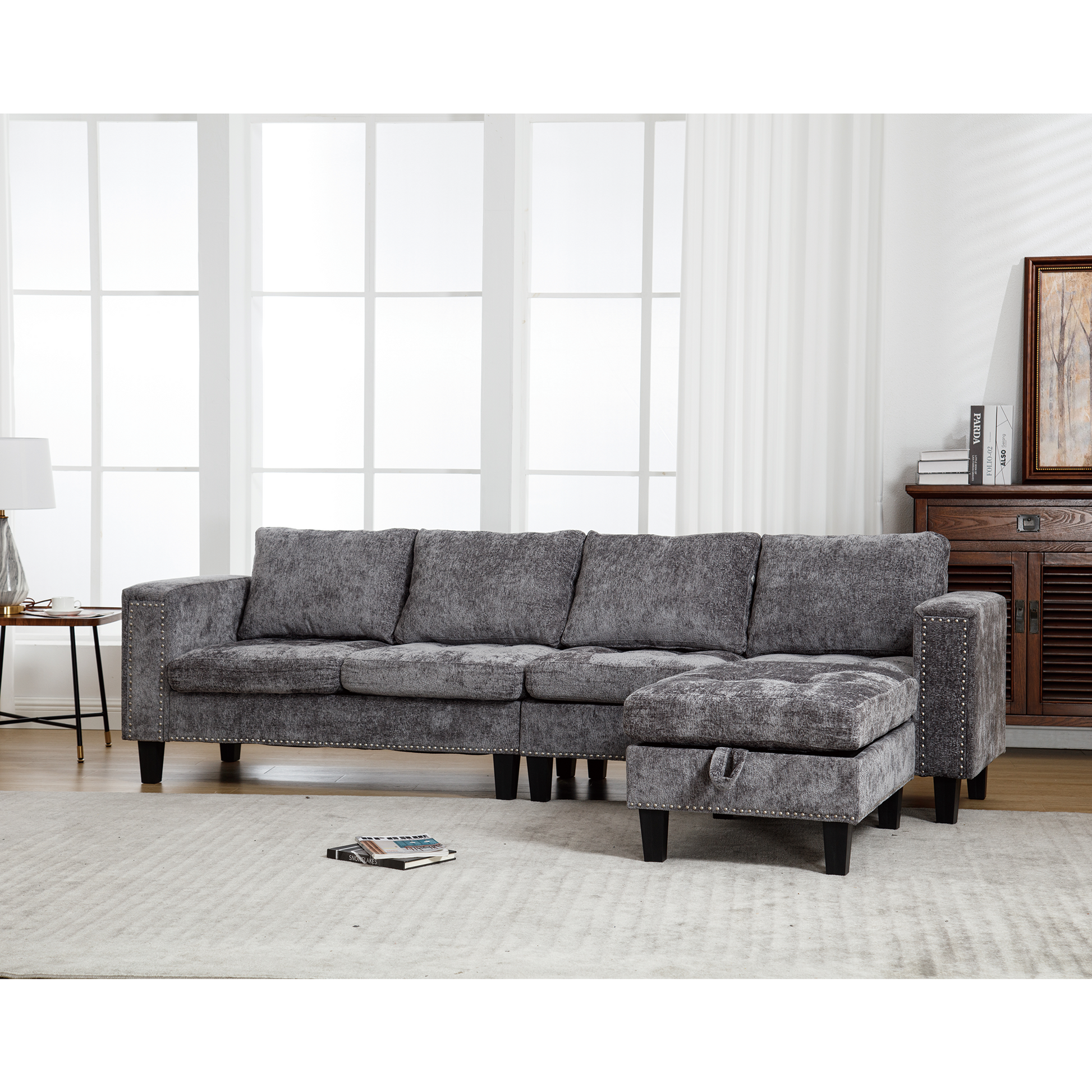 Arrived 5 Seat Modular Sofa,With Storage Ottoman, Convertible Sectional Sofa, L Shaped Couchreversible Chaise ,Riveted Sofa,Chenille, Gray Gray Polyester Wood Primary Living Space Medium Soft Cushion Back Modern Square Arms Foam Metal & Wood 5 Seat
