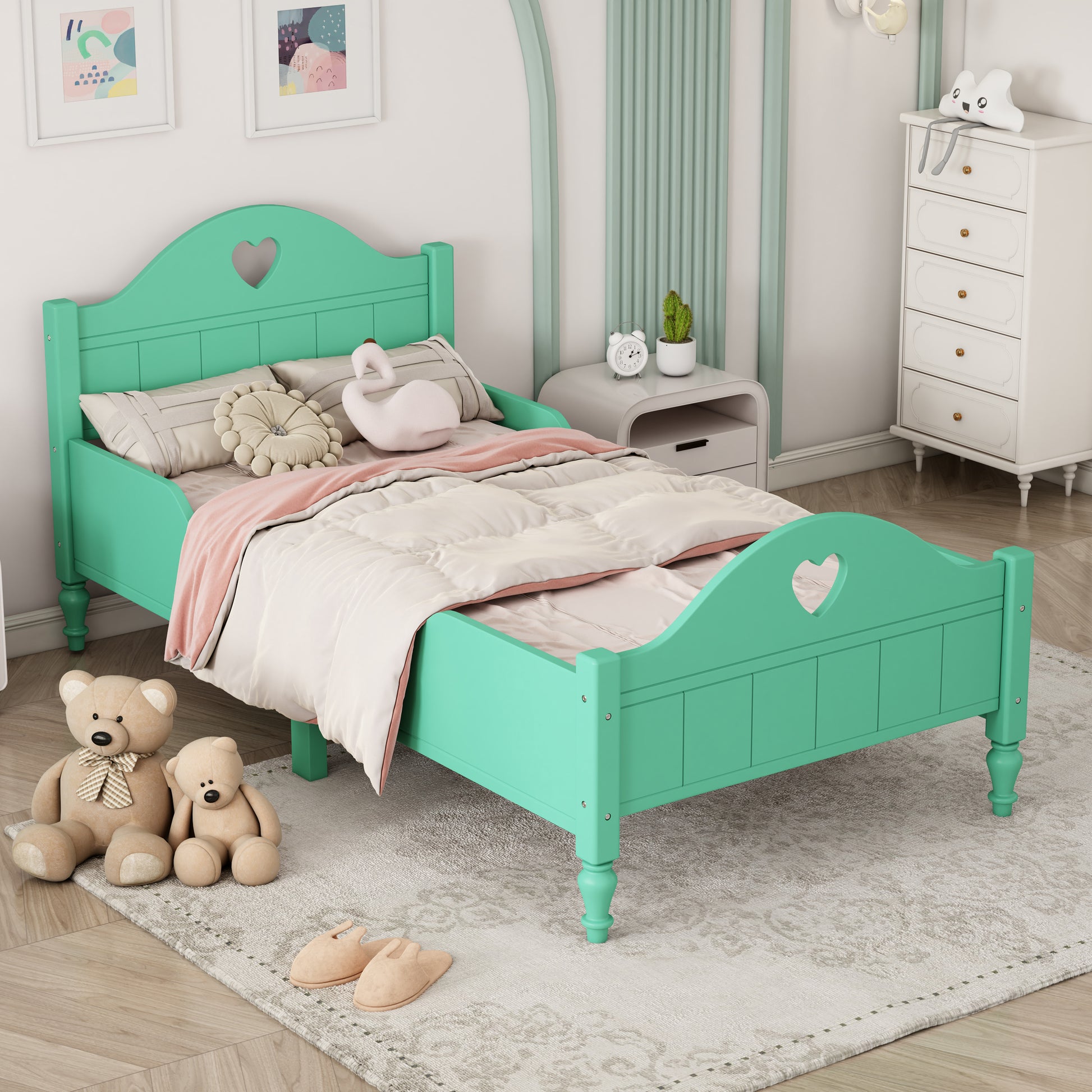 Girl'S Beautiful Princess Bed Macaron Twin Size Toddler Bed With Side Safety Rails And Headboard And Footboard, Seasoft Green Twin Green Solid Wood Mdf