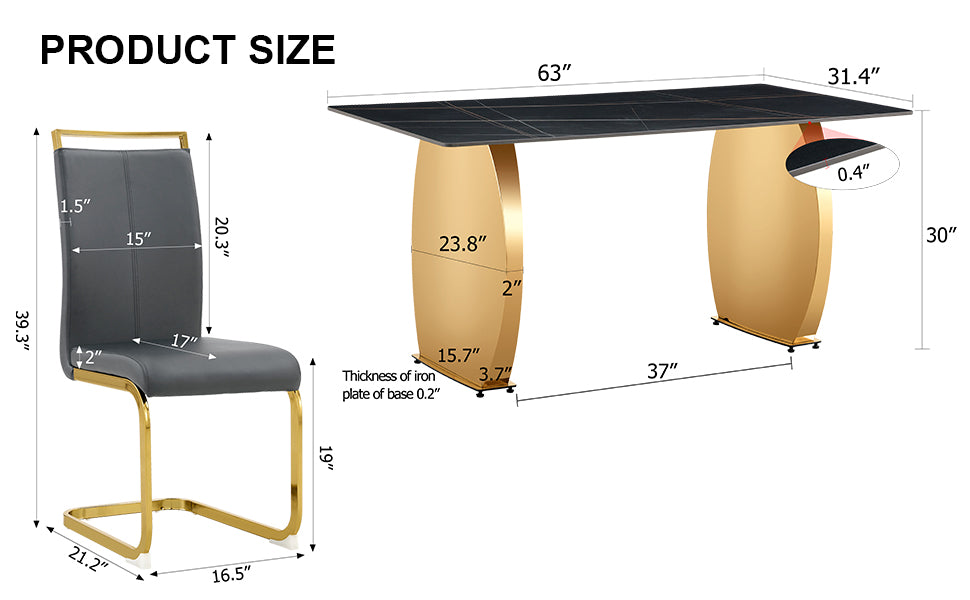 Table And Chair Set,Modern Rectangular Table With 0.4 Inch Black Patterned Tabletop And Gold Legs, Suitable For Kitchen, Dining Room, And Living Roomcomfortable Pu Seats,Perfect For Dinner, Meet Grey Black Seats 4 Sintered Stone