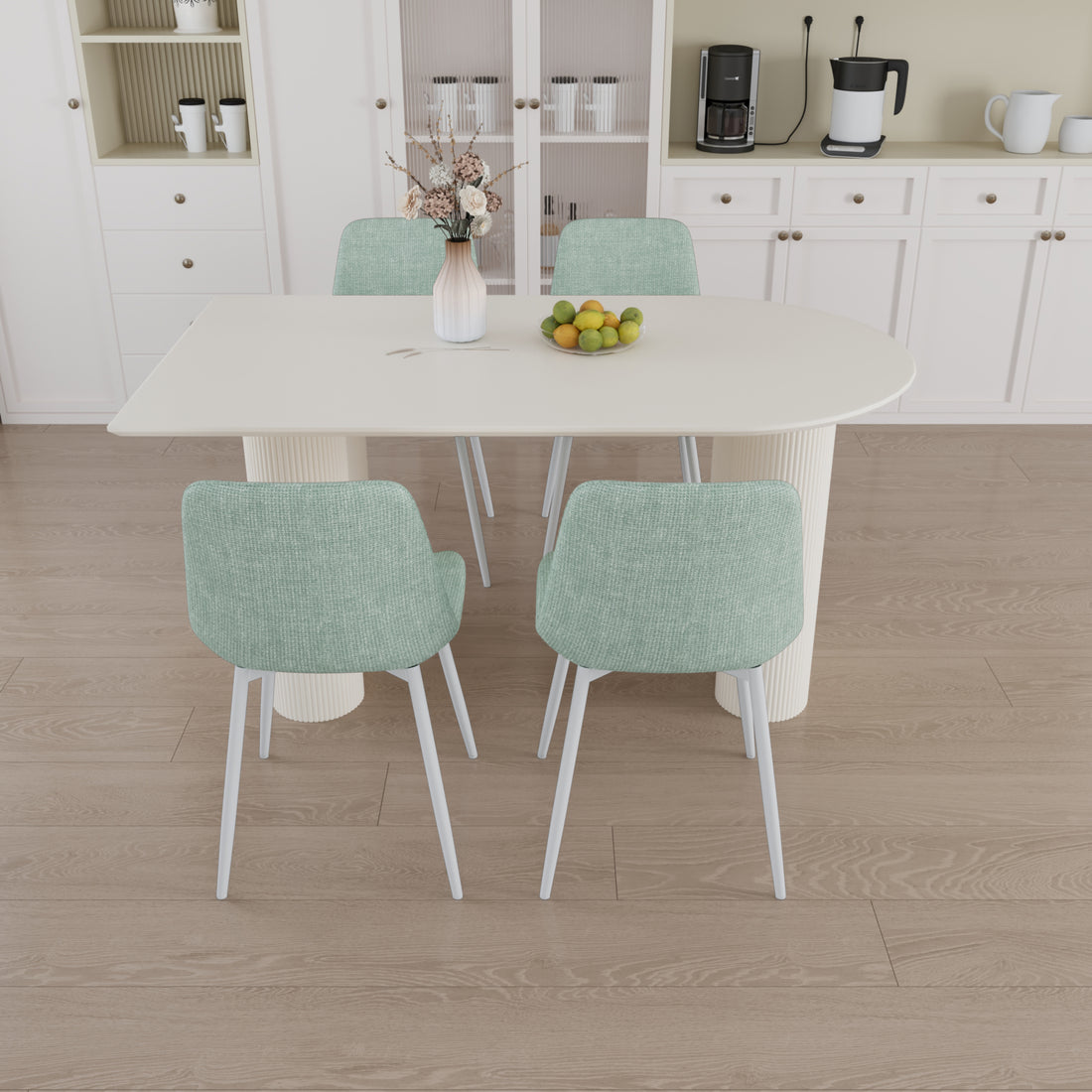 63 "Mdf Cream Style Coffee Table And Modern Dining Chair 4 Piece Set, Modern Fashion Kitchen Table Set, Round Wave Table Legs, Dining Table And Linen Chair White Green Mdf