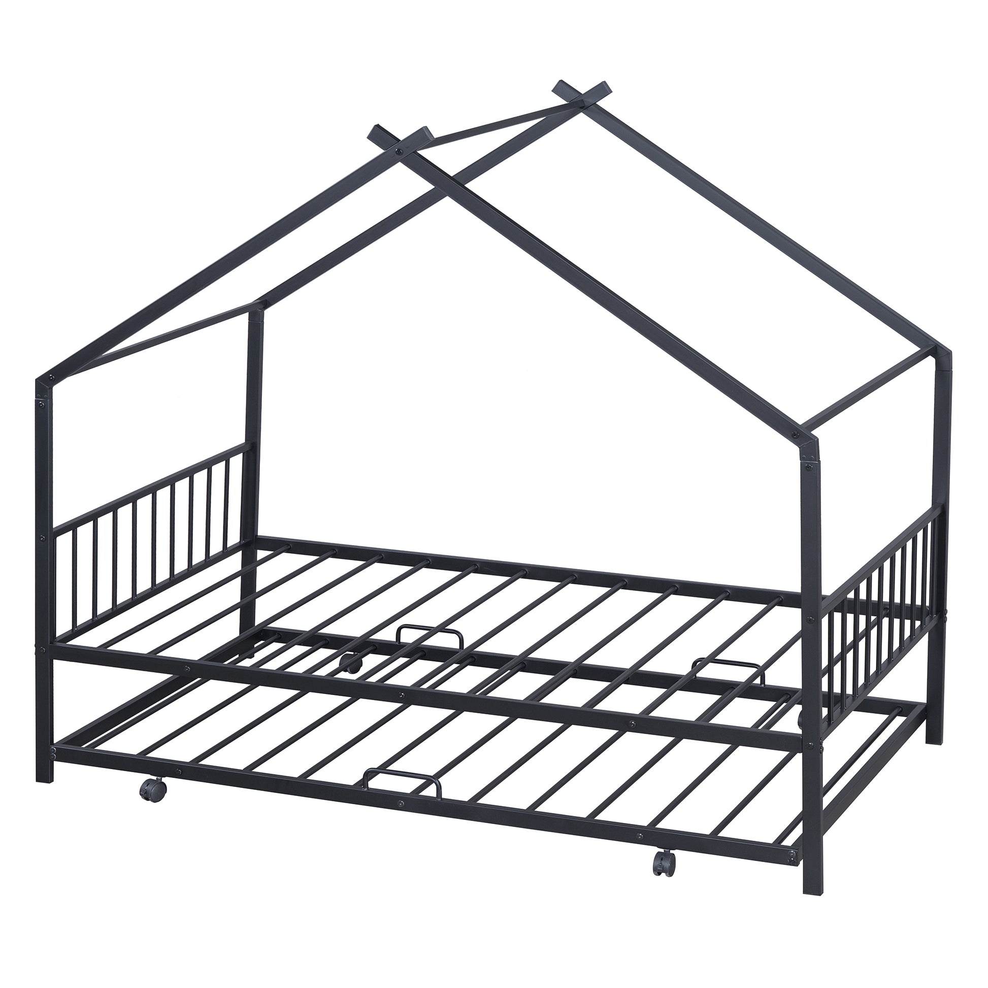 Twin Size Metal House Bed With Twin Size Trundle, Black Twin Black Metal