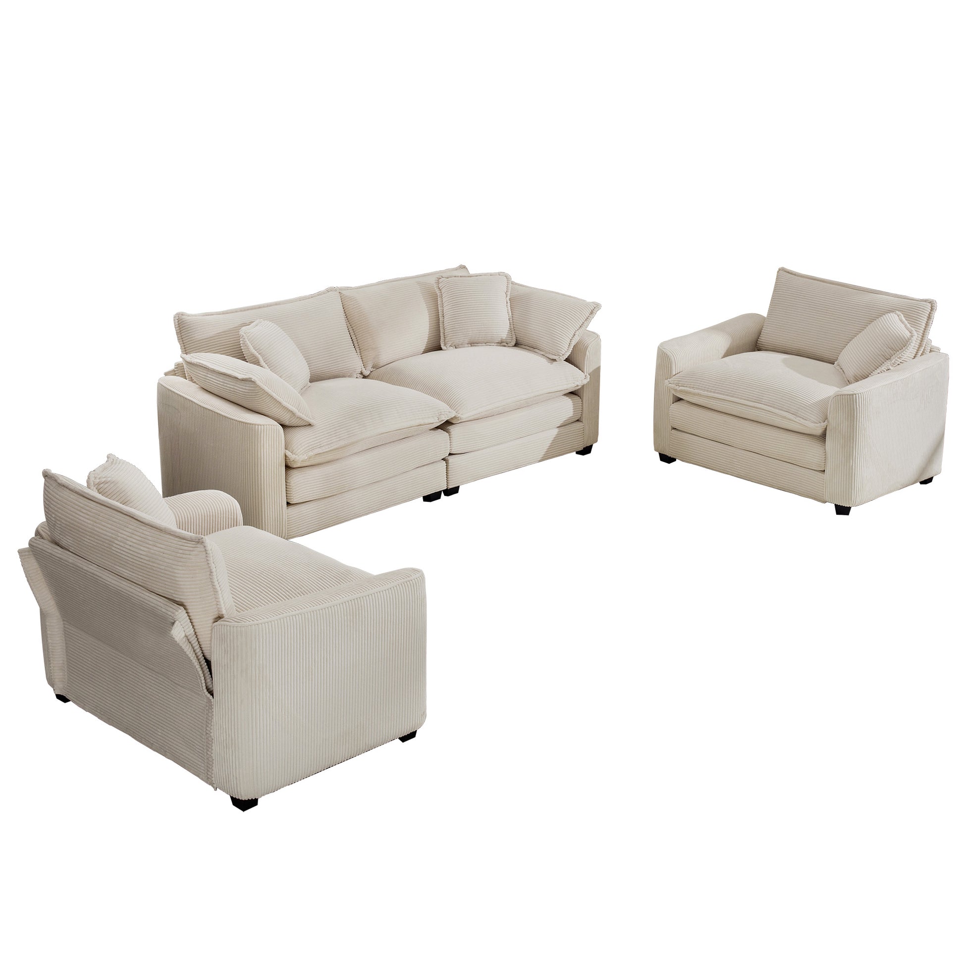 Warm And Cozy Sofa Set With Soft Cushions And Pillows, Home Theater Style Sofa Set Consisting Of One 2 Seater Sofas And Two Single Sofa In Light Beige Corduroy Fabric Beige Corduroy 4 Seat