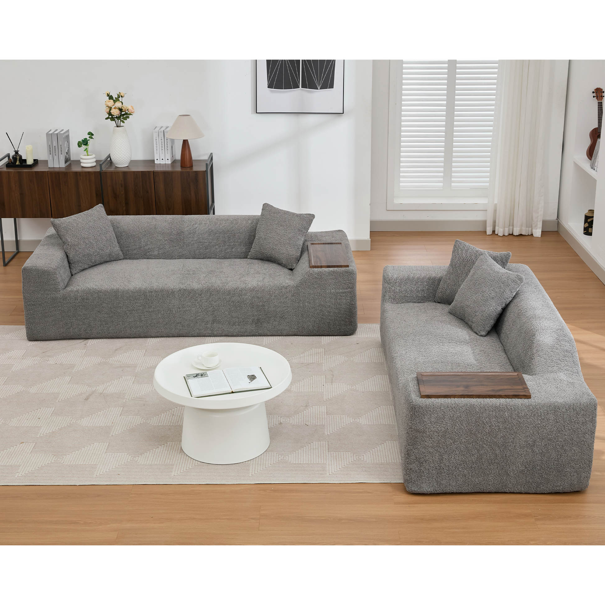 Arrived 2 Piece Boucle Cloud Sofa Set, Upholstered Sofa Set, Modern 3 Seater And 2 Seater Sofa With Mdf End Table For Living Room ,Apartment,3 2 Couch,Boucle,Dark Gray Gray Polyester Primary Living Space Soft Tight Back Modern Square Arms Foam