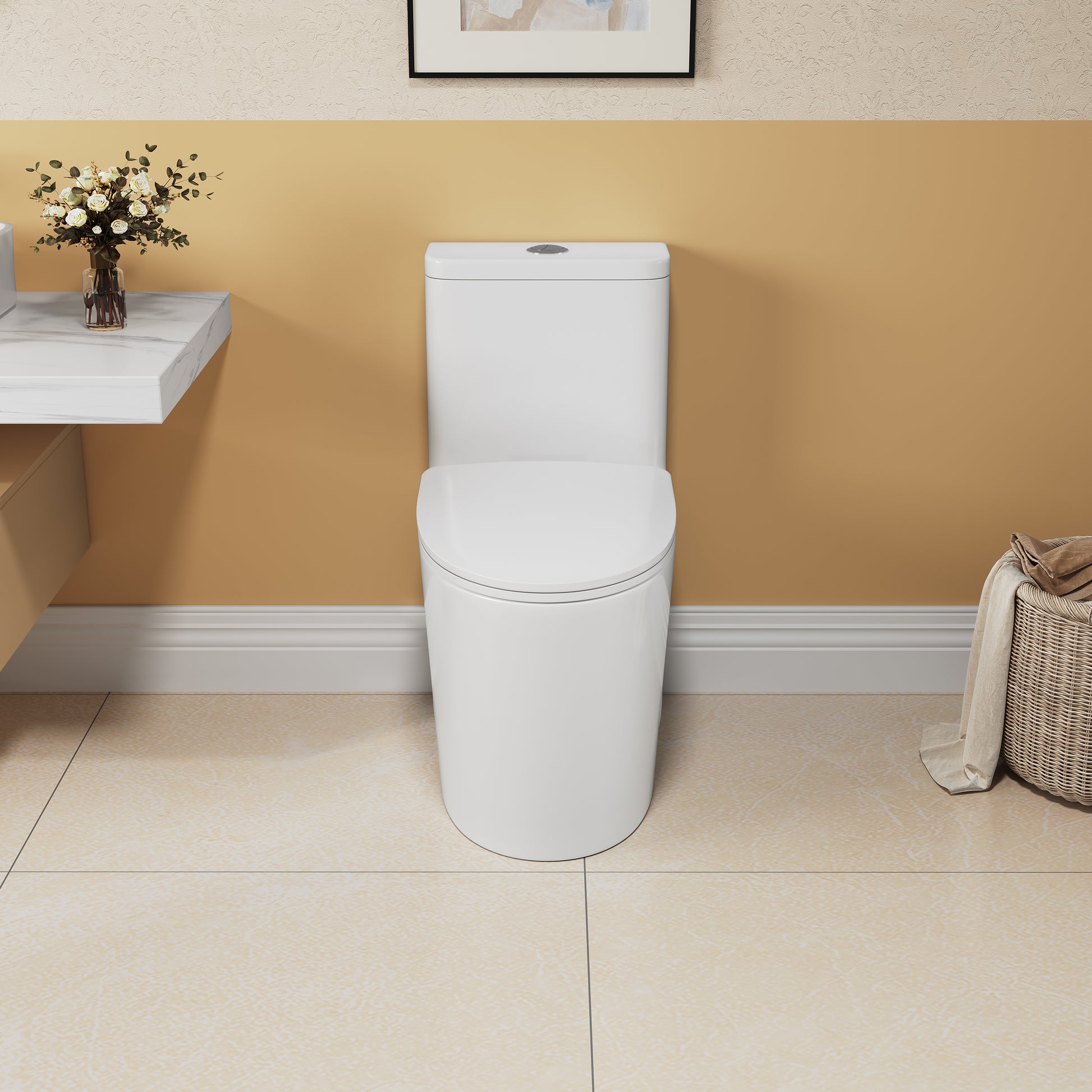 1.1 1.6 Gpf Elongated Comfort Height Floor Mounted One Piece Toiletcupc Certified, Watersense Cetified, Ceramic, White Color, Soft Close Seat White Ceramic