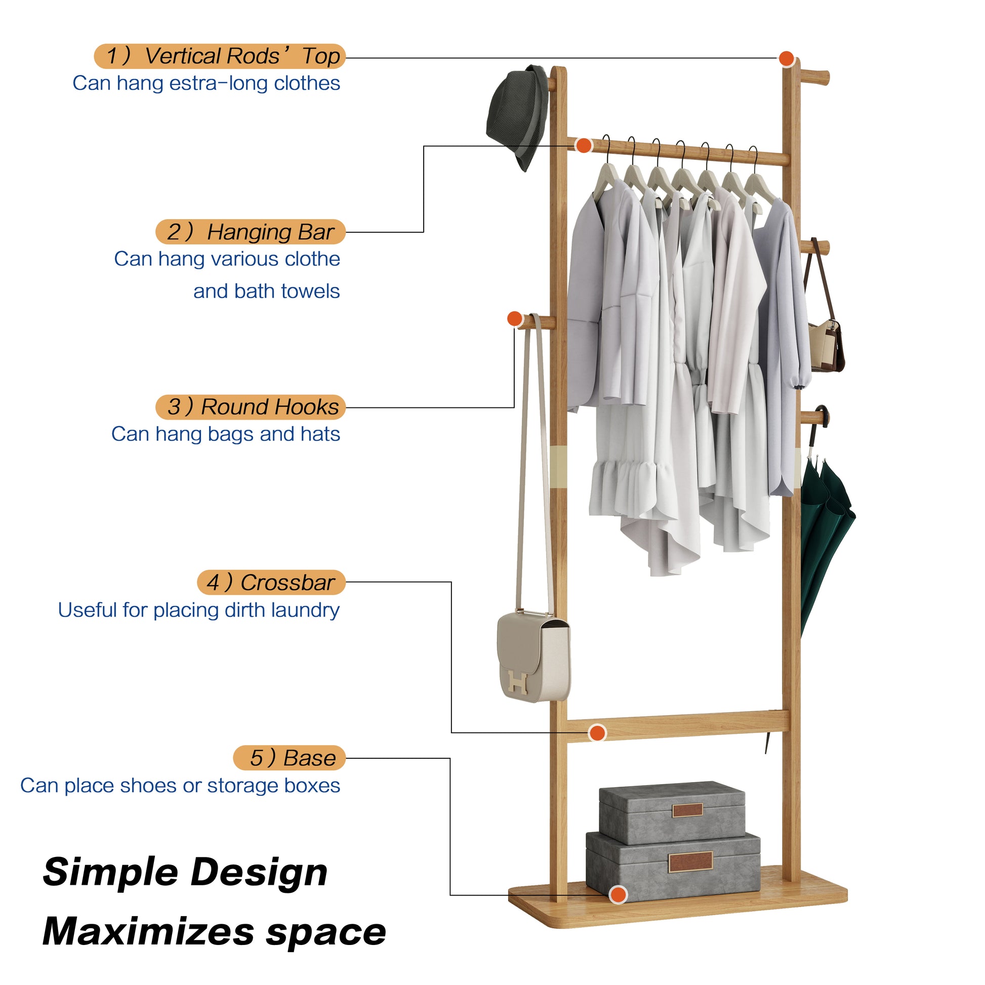 Coat Racks Solid Wood Hanger 23.6* 11*64.1In Solid Environmental Protection Easy To Assemble Beautiful Can Be Placed In The Bedroom Entrance Living Room Burly Wood Natural Wood Wash Light Brown