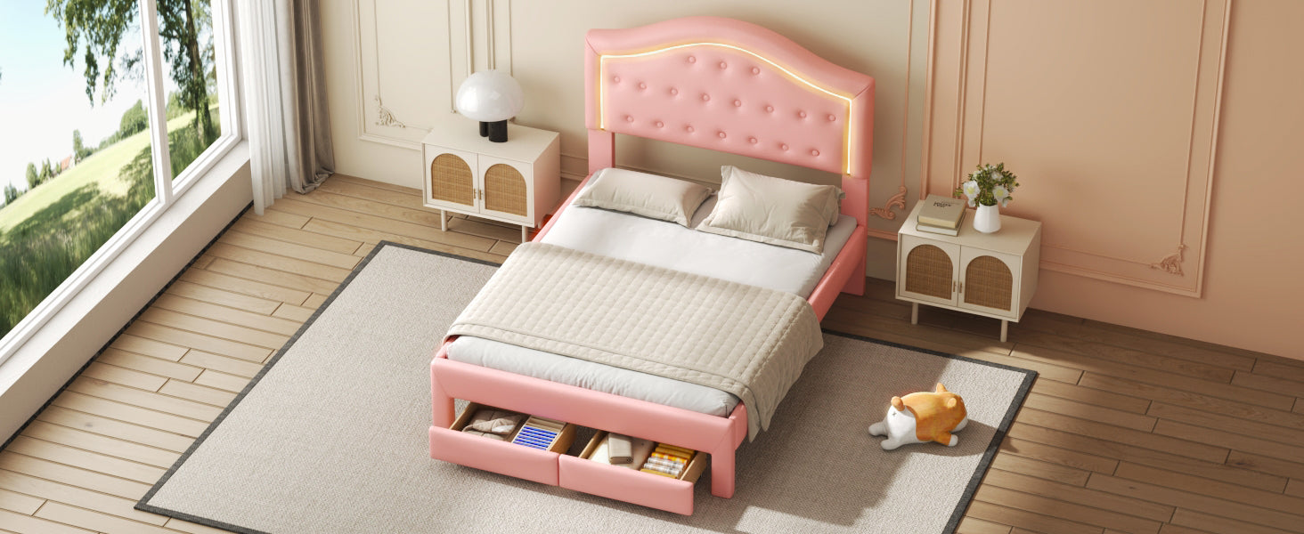 Full Size Upholstered Platform Bed With Tufted Headboard, Led And 2 Drawers, Pink Box Spring Not Required Full Pink Wood Bathroom Bed Frame Faux Leather Upholstered