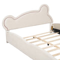 Queen Size Velvet Platform Bed With Bear Shaped Headboard, With Bed End Storage Pocket, Beige Queen Beige Plywood