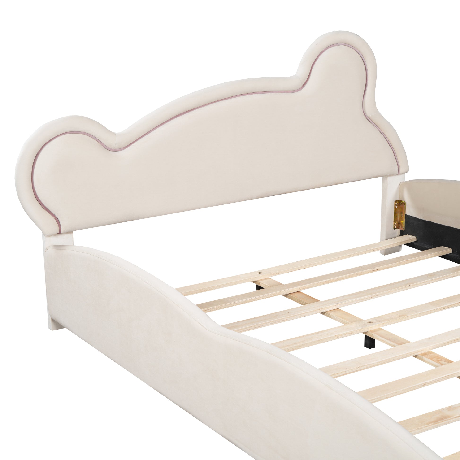 Queen Size Velvet Platform Bed With Bear Shaped Headboard, With Bed End Storage Pocket, Beige Queen Beige Plywood