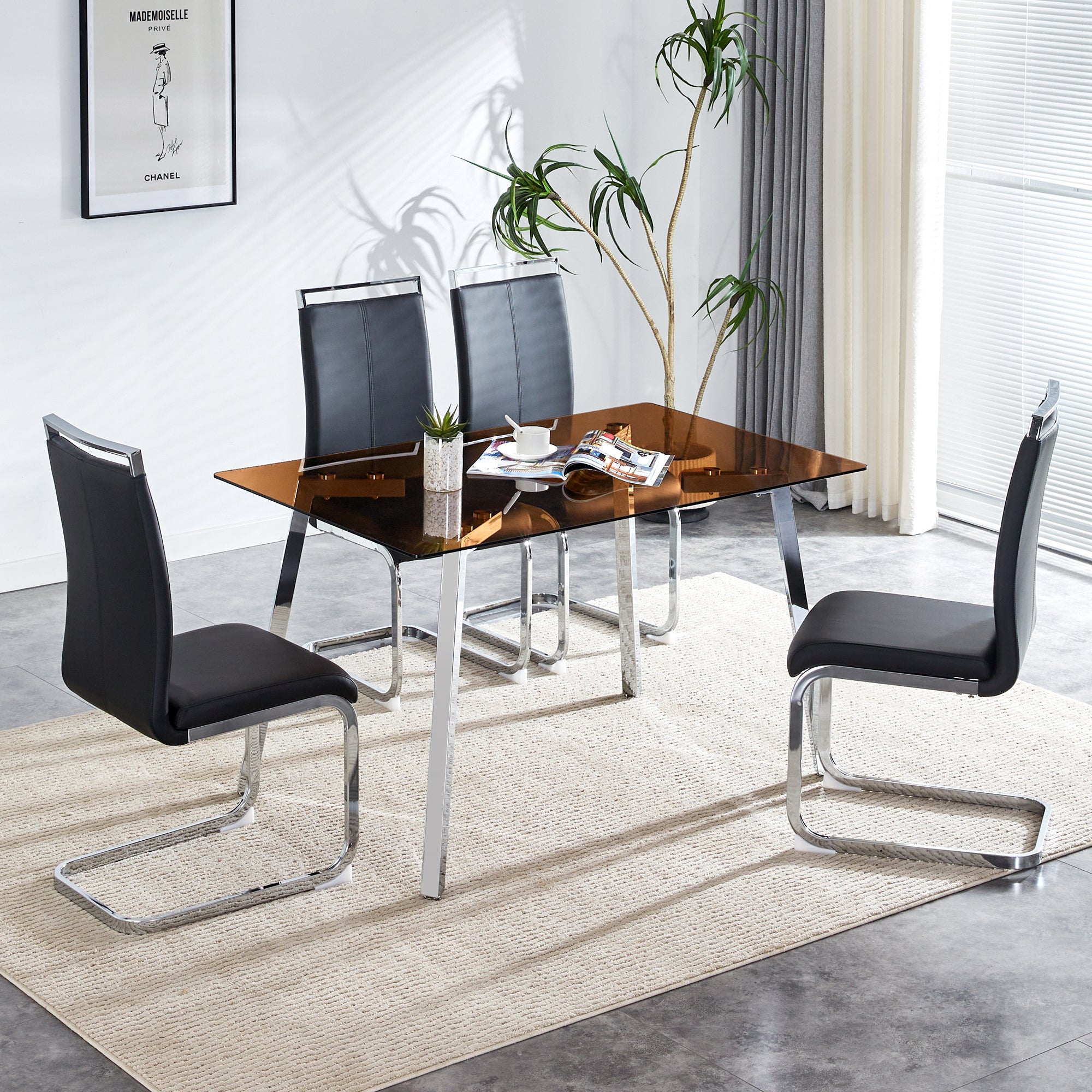 1 Table And 4 Chairs, Brown Tempered Glass Tabletop And Silver Metal Legs, Modern Minimalist Style Rectangular Glass Dining Table, Paired With 4 Modern Silver Metal Leg Chairs. 1123C 1162 Brown Seats 4 Glass
