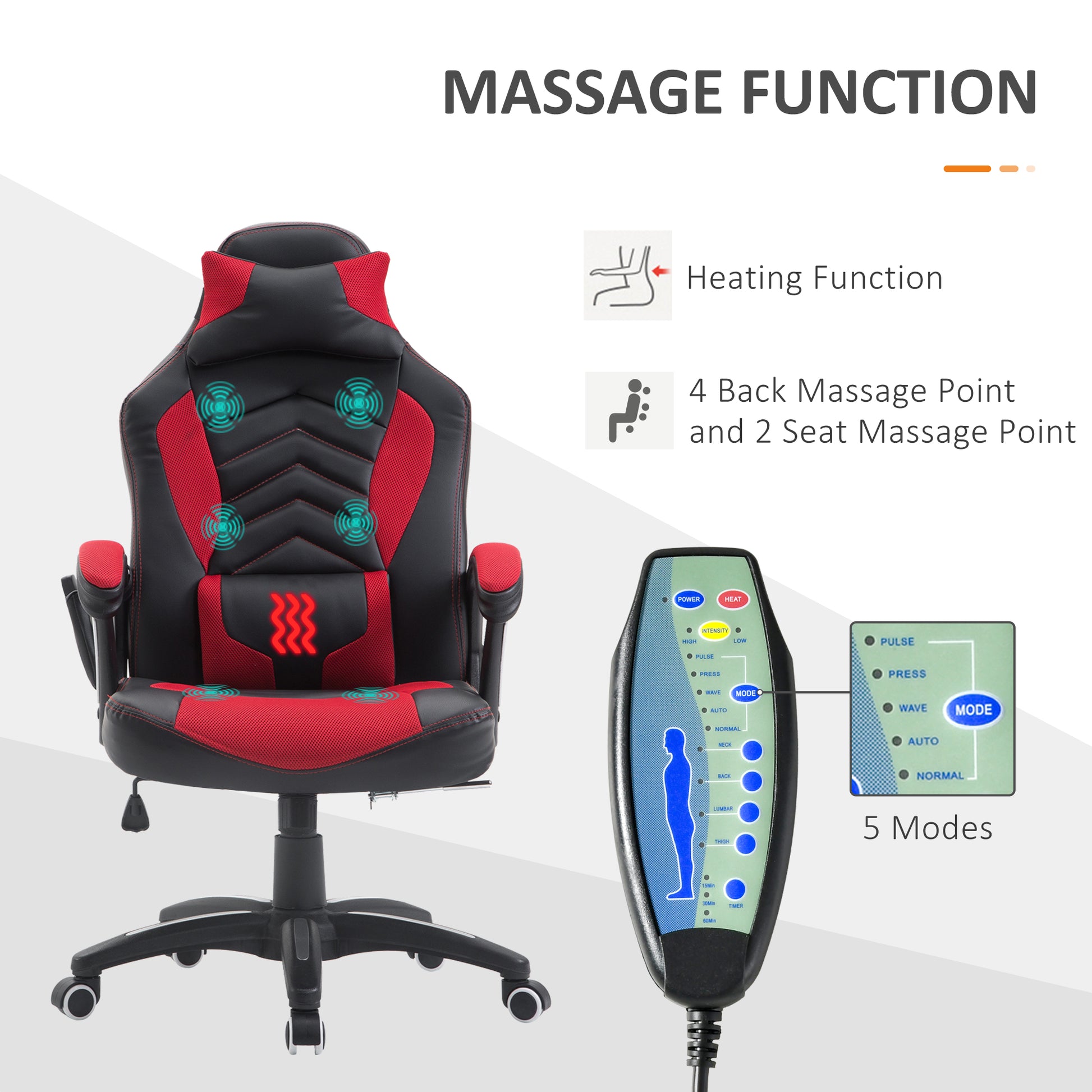 Homcom 6 Vibrating Point Massage Computer Gaming Chair 5 Modes, Racing Style Heated Desk Chair Swivel Rolling Chair With Headrest, Red Black Red Faux Leather