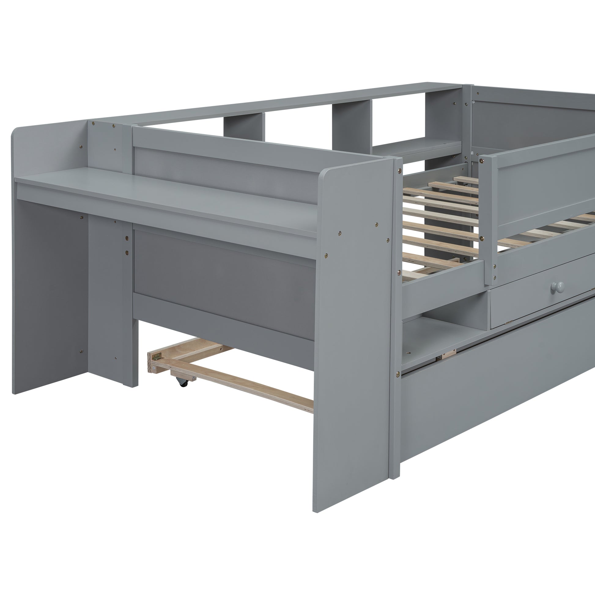 Multi Functional Twin Daybed With Drawers And Trundle, Headboard Storage And Tables, Usb Charging Station, Gray Box Spring Not Required Twin Gray Wood Daybeds Pine