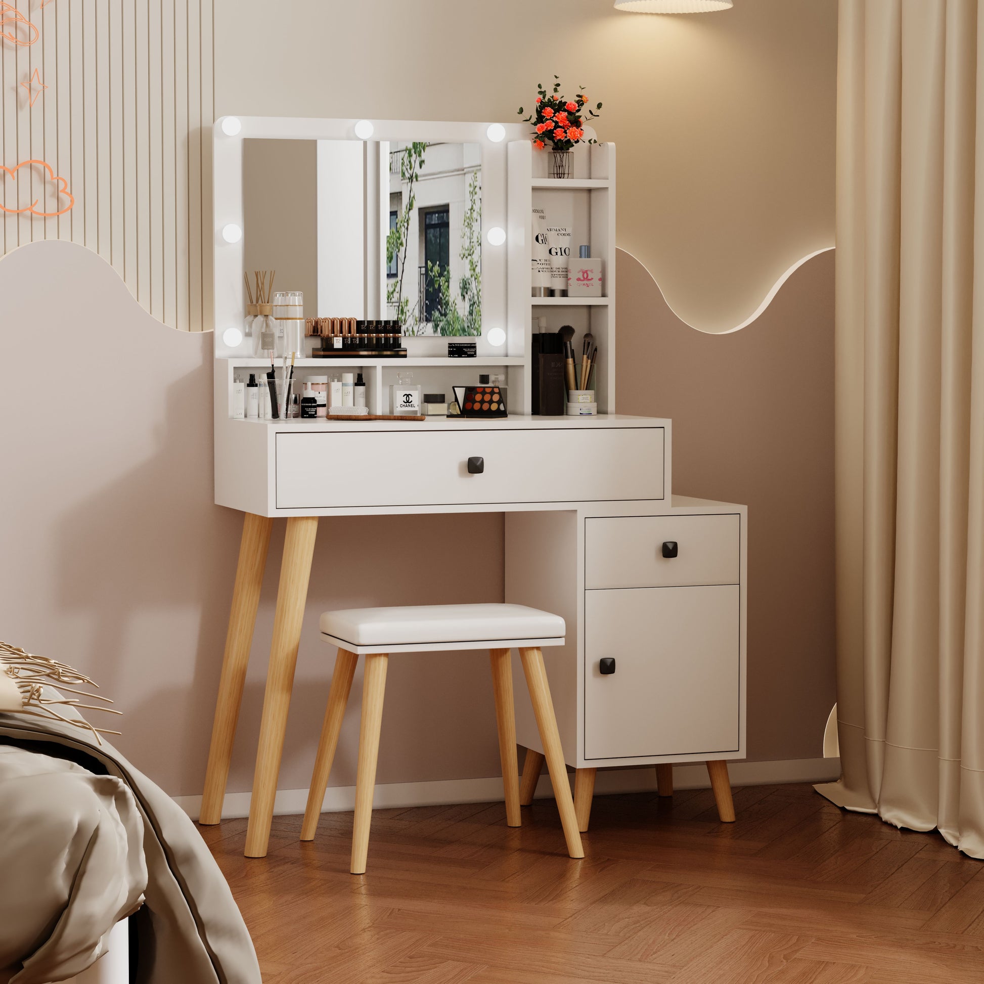 Dressing Table With Hollywood Led Mirror, Light Adjustable Brightness, Dressing Table, Padded Stool Set, White, Wooden Cosmetic Table With Drawer And Storage Cabinet White Drawer 2 Drawers Bedroom Modern 2 Or Less Mirror Included White Particle Board Mdf