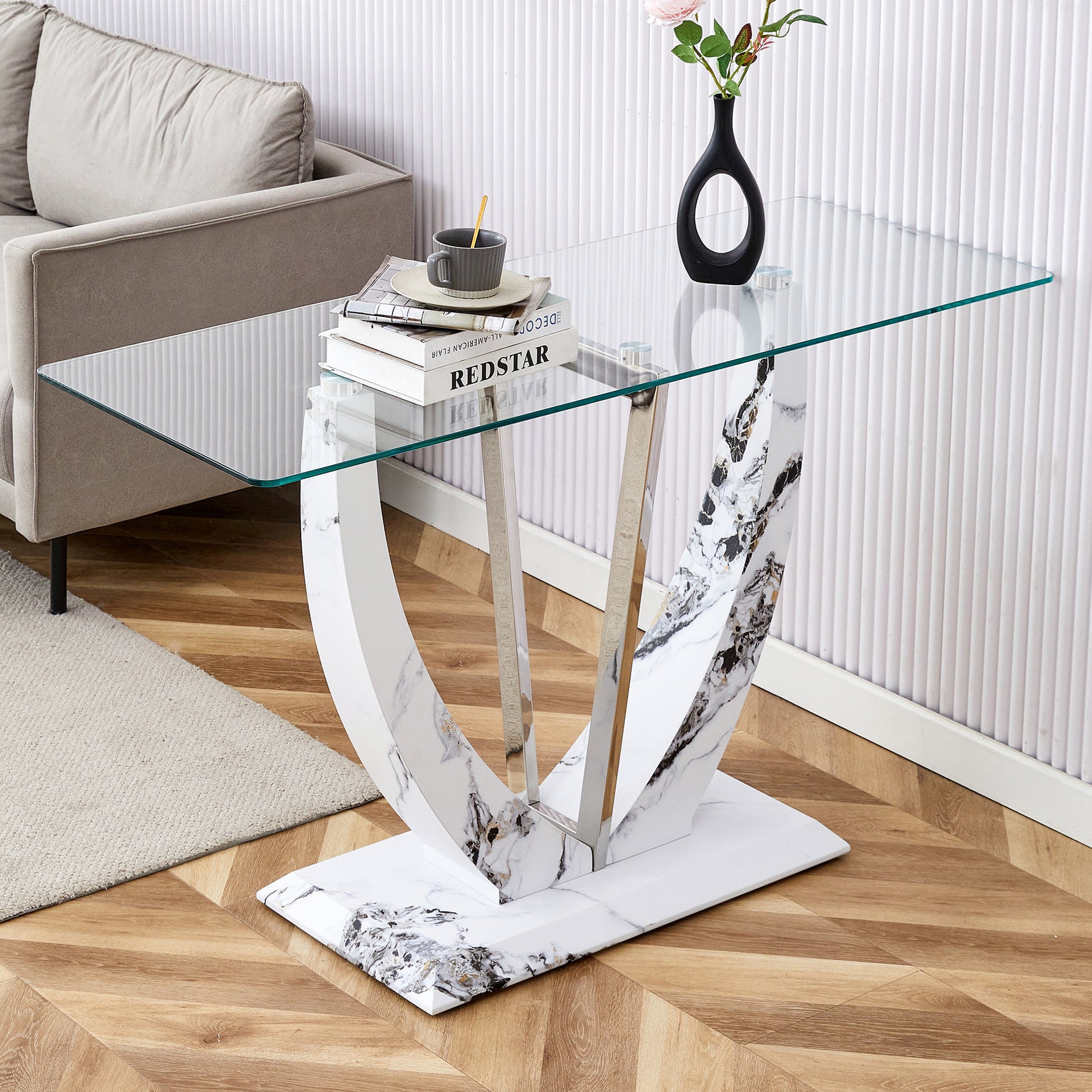 Modern Minimalist Rectangular Glass Table With 0.39 "Tempered Glass Top And Mdf White Patterned Sticker Legs For Entrance And Living Room. Transparent Glass