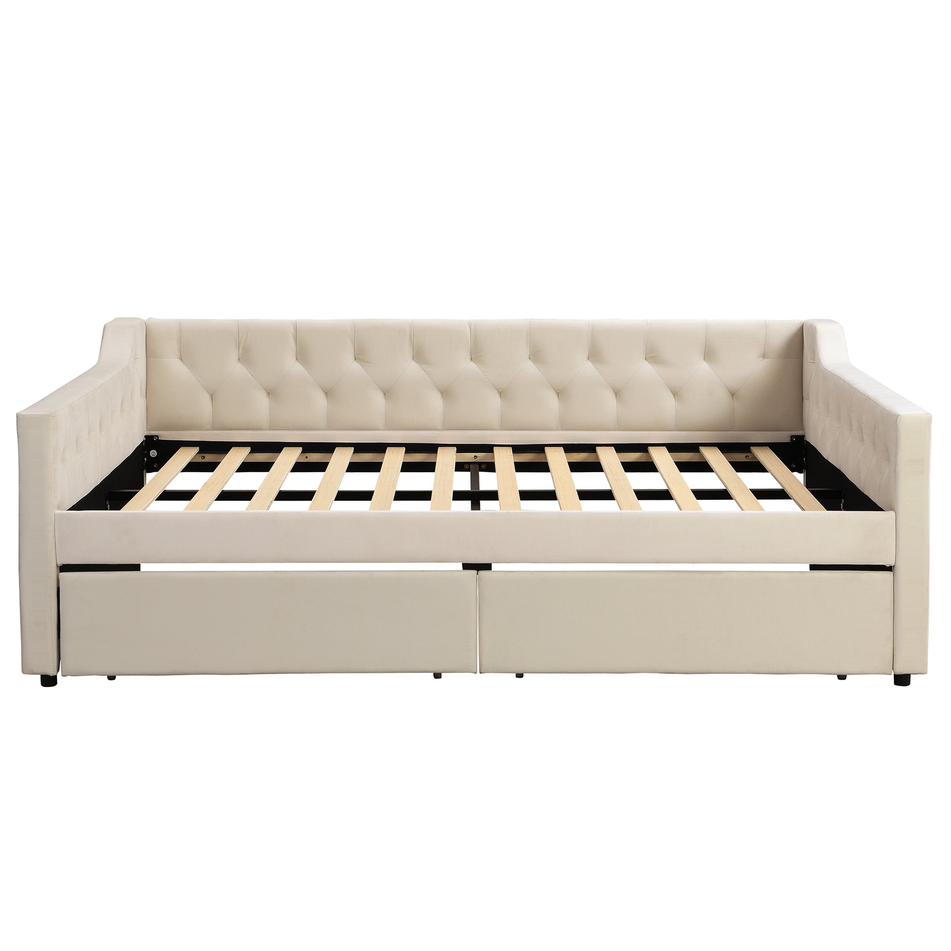 Full Size Upholstered Tufted Daybed With 2 Drawers, Beige Box Spring Not Required Full Beige Wood Daybeds Velvet Upholstered