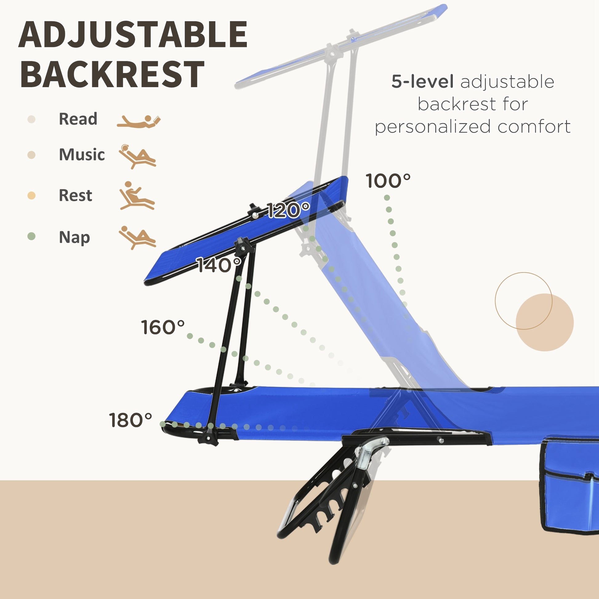 Outsunny Folding Chaise Lounge Pool Chairs, Outdoor Sun Tanning Chairs With Canopy Shade, Reclining Back, Steel Frame And Side Pocket For Beach, Yard, Patio, Blue Blue Steel