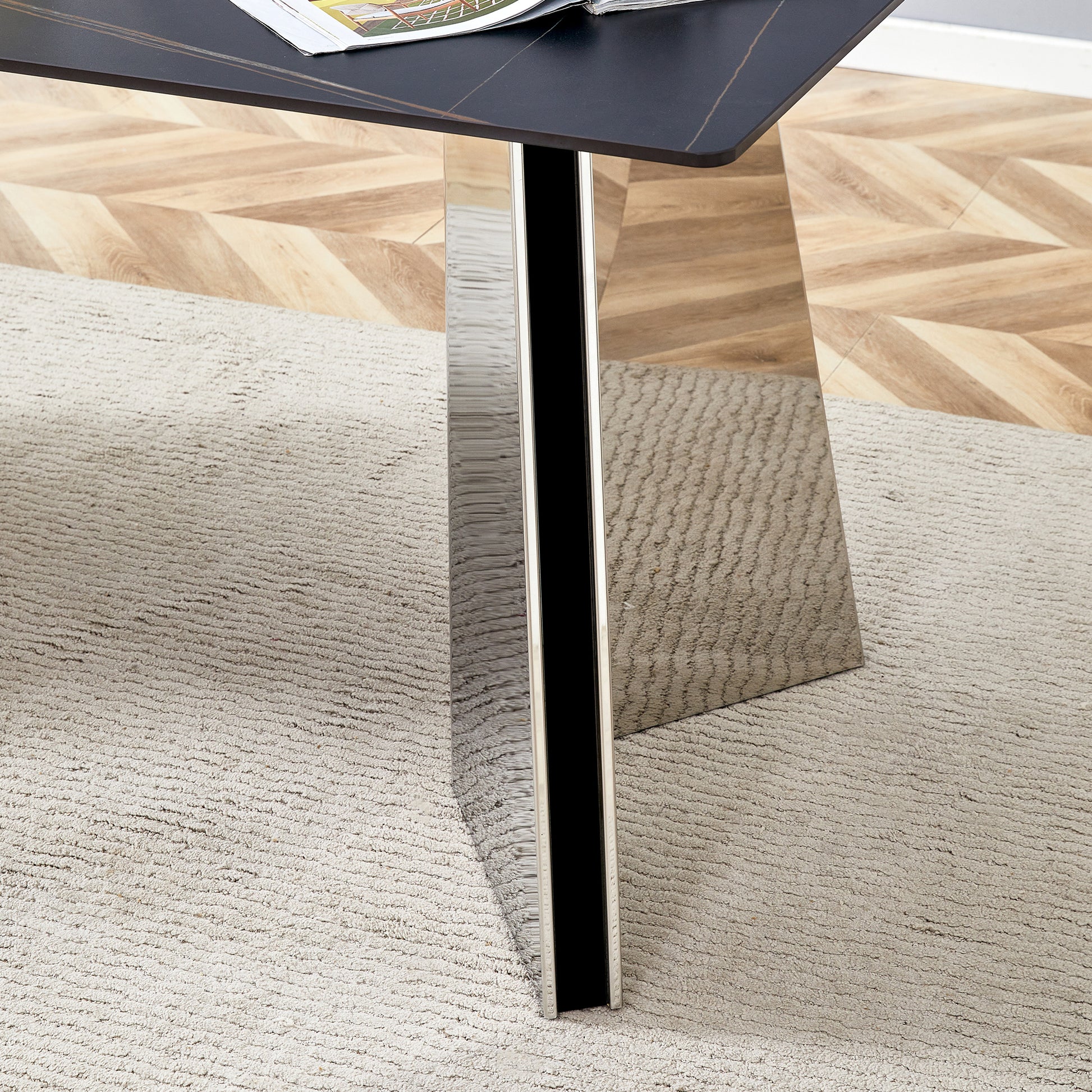 Table And Chair Set.63"X31.5X30" Black Marble Patterned Slabs Tabletop With Stainless Steel Butterfly Legs.Paried With 6 Light Gray High Quality Pu Chairs With Silver Metal Legs. Light Gray,Silver