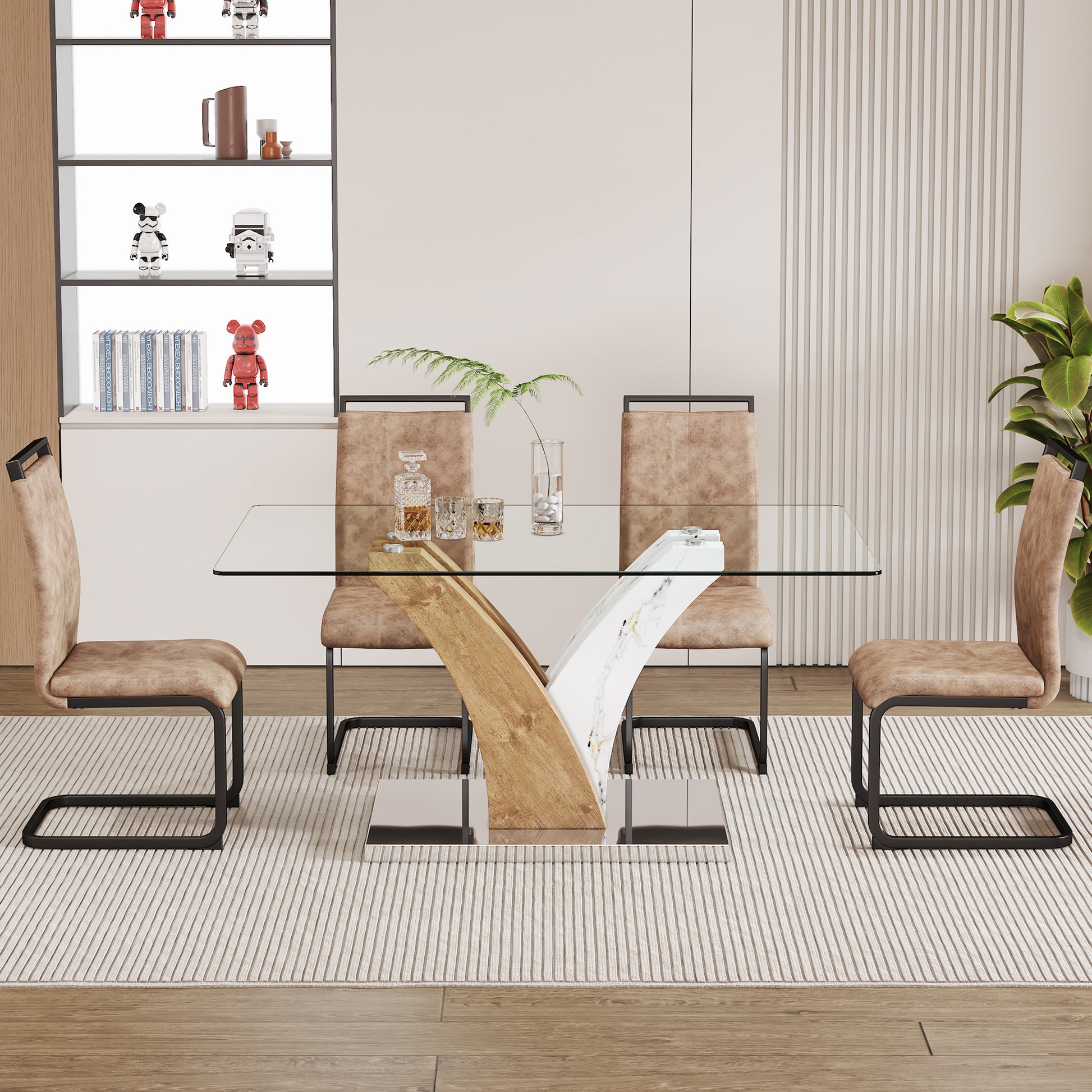 Table And Chair Set.Modern Dining Table, Tempered Glass Countertop With Artistic Mdf Legs.Paried With 4 Comfortable Chairs With Pu Seats And Metal Legs. Suitable For Various Decoration Styles. Black Brown,Transparent Seats 4 Mdf Metal