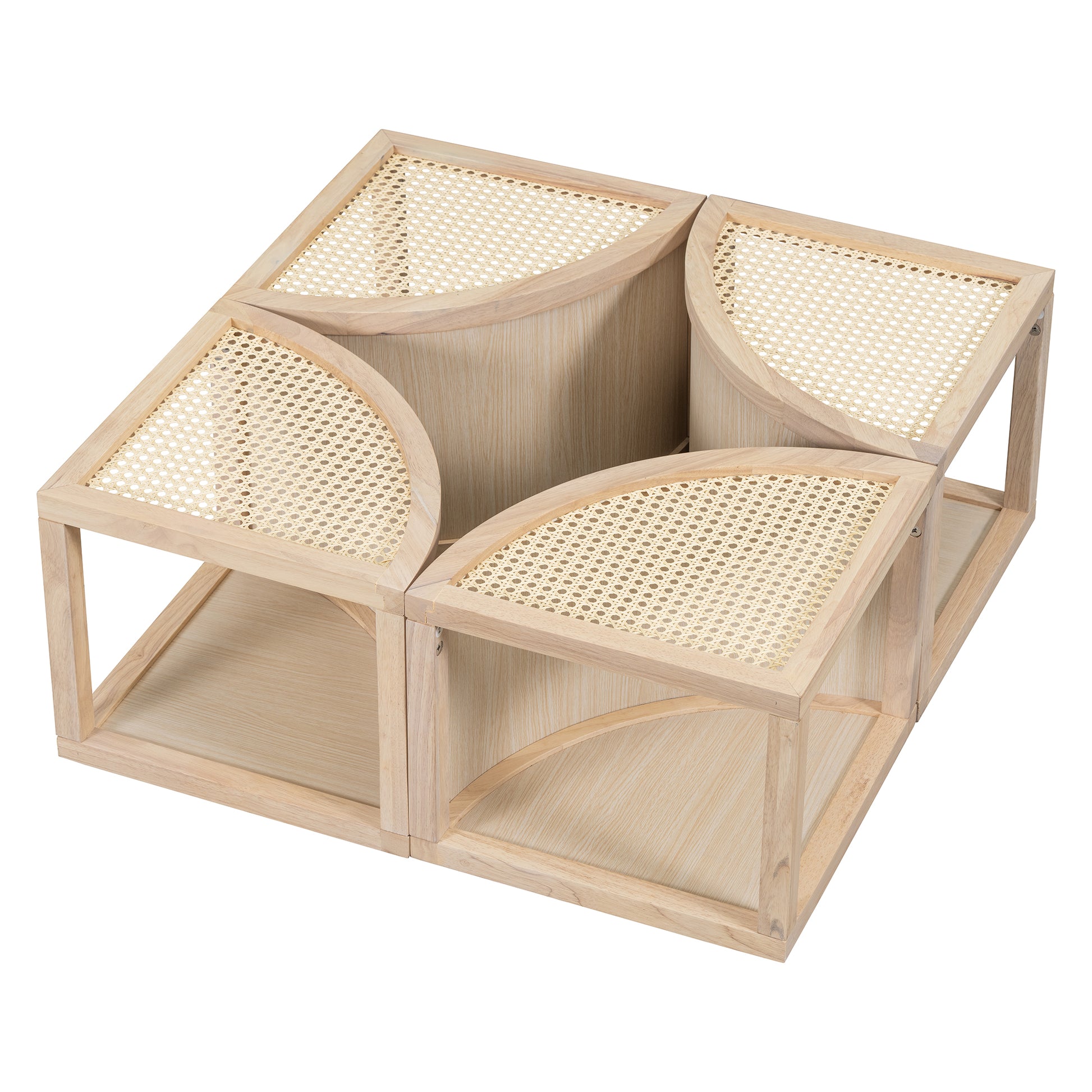 Round To Square Block Modular Coffee Table Light Natural Rattan With Storage 4 Piece Light Natural Rubber Wood