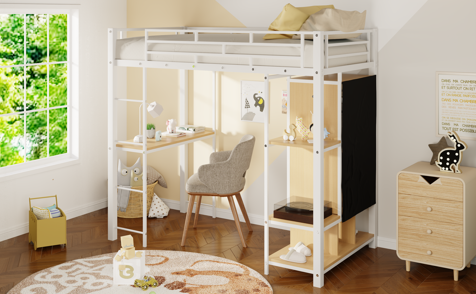 Twin Size Metal Loft Bed With Built In Wardrobe, Desk And Shelves, White Box Spring Not Required Twin White Metal Mdf Metal