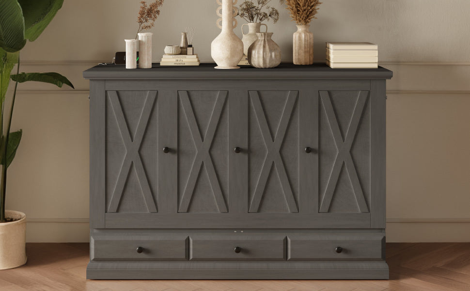 Solid Pine Murphy Bed Chest Cube Cabinet Bed With Charging Station And Large Storage Drawer For Home Office Or Small Room,Full,Gray Box Spring Not Required Full Gray Wood Gray Pine Murphy Solid Wood Mdf