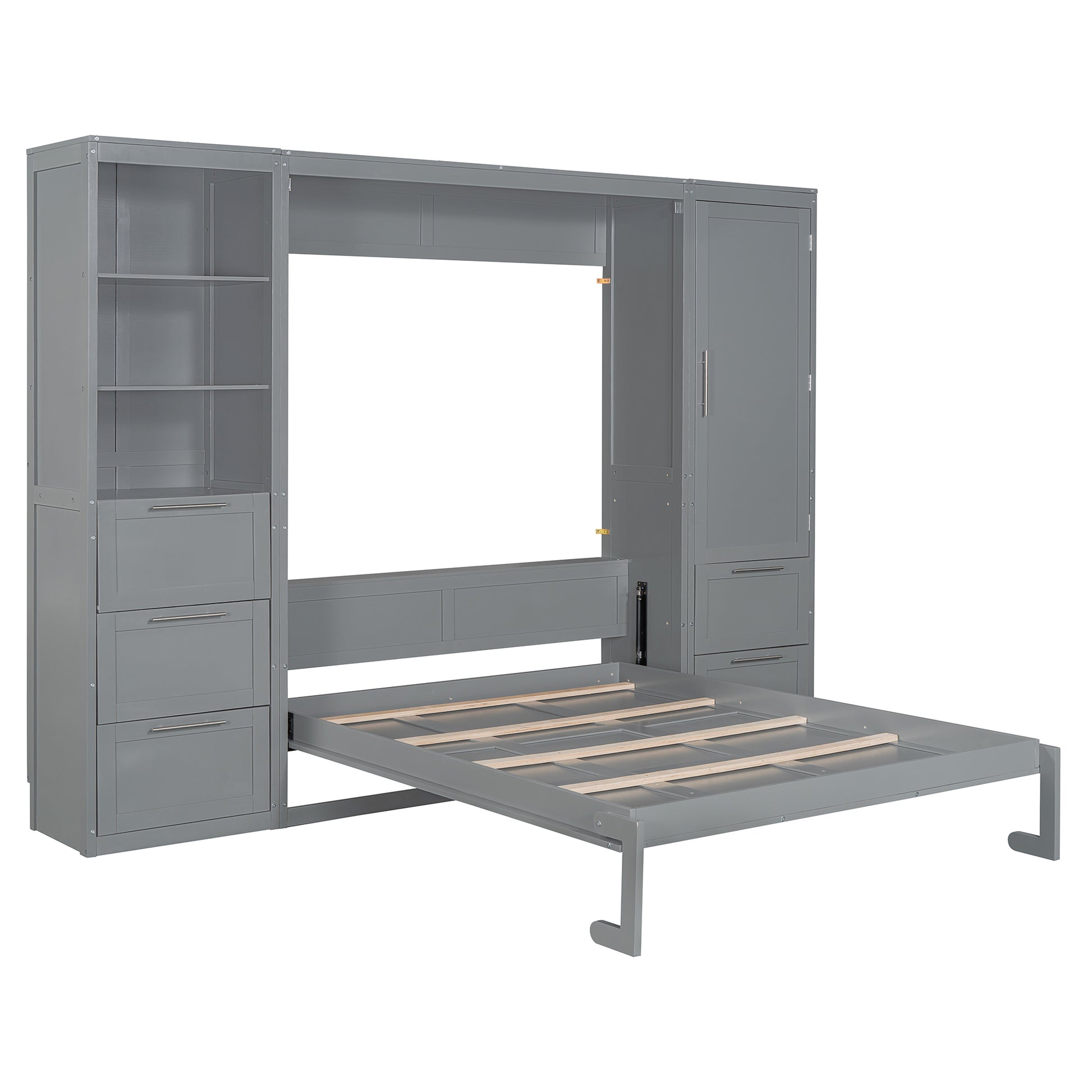 Queen Size Murphy Bed Wall Bed With Closet ,Drawers And Shelves,Gray Queen Gray Mdf Lvl