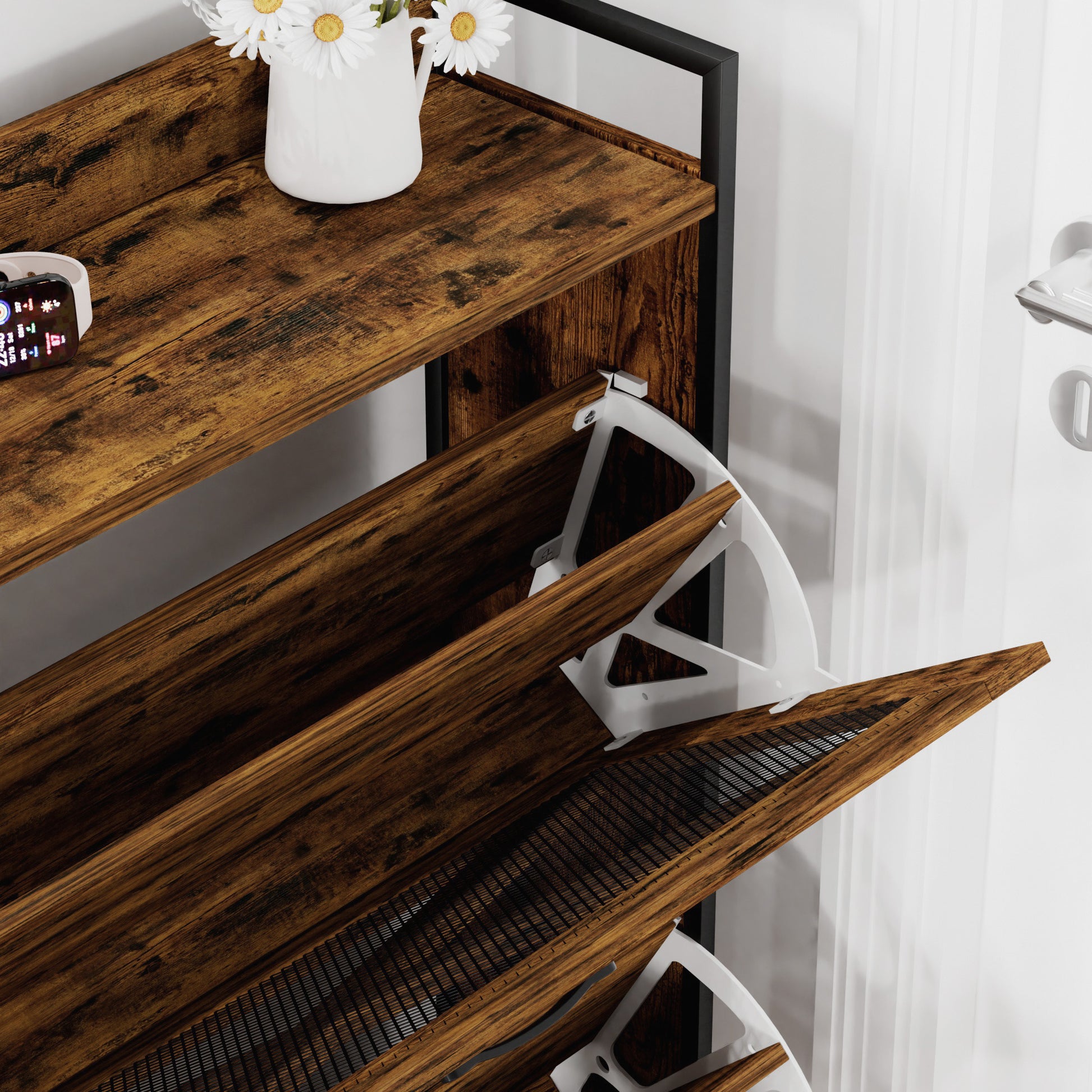 A Shoe Cabinet With 2 Flip Top Drawers, An Entryway Shoe Cabinet, A Narrow Standalone Shoe Rack Cabinet With Metal Legs, Rustic Brown,31.5'' W X 8.5'' D X 39.5'' H. Rustic Brown Particle Board