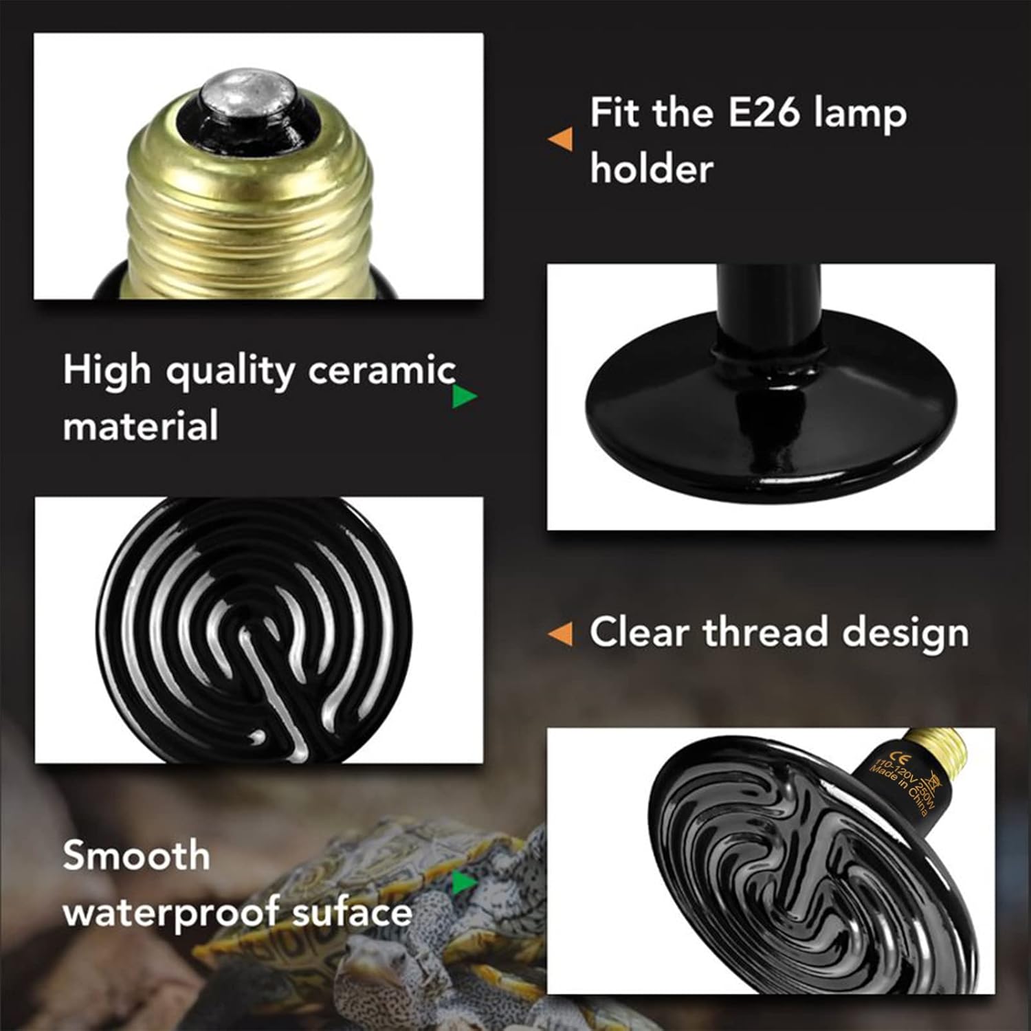 250W Reptile Ceramic Heat Lamp Bulb Warm Emitter Brooder Coop Heater For Amphibian Pet & Incubating Chicken No Light Emitting, Snake Lizard Spider, 2 Pack Black Ceramic