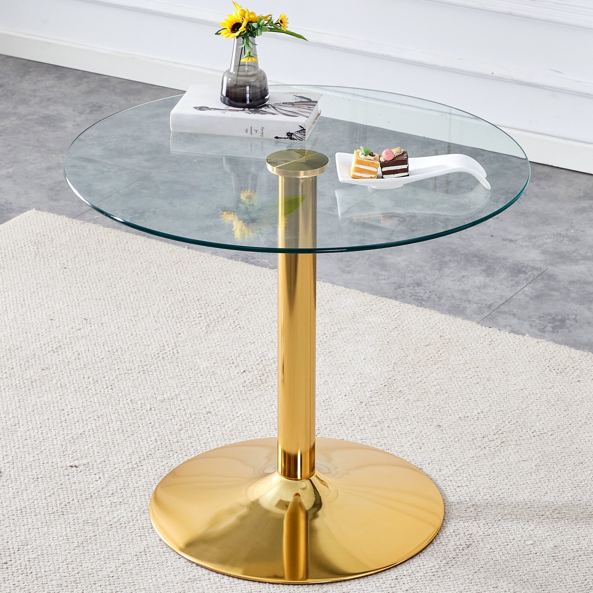 A 35 Inch Diameter Glass Top And A Modern, Minimalist Round Dining Table With Gold Metal Legs. Ideal For Dining Rooms, Living Rooms And Meeting Rooms. Model: Dt 1166 Gold Glass Metal